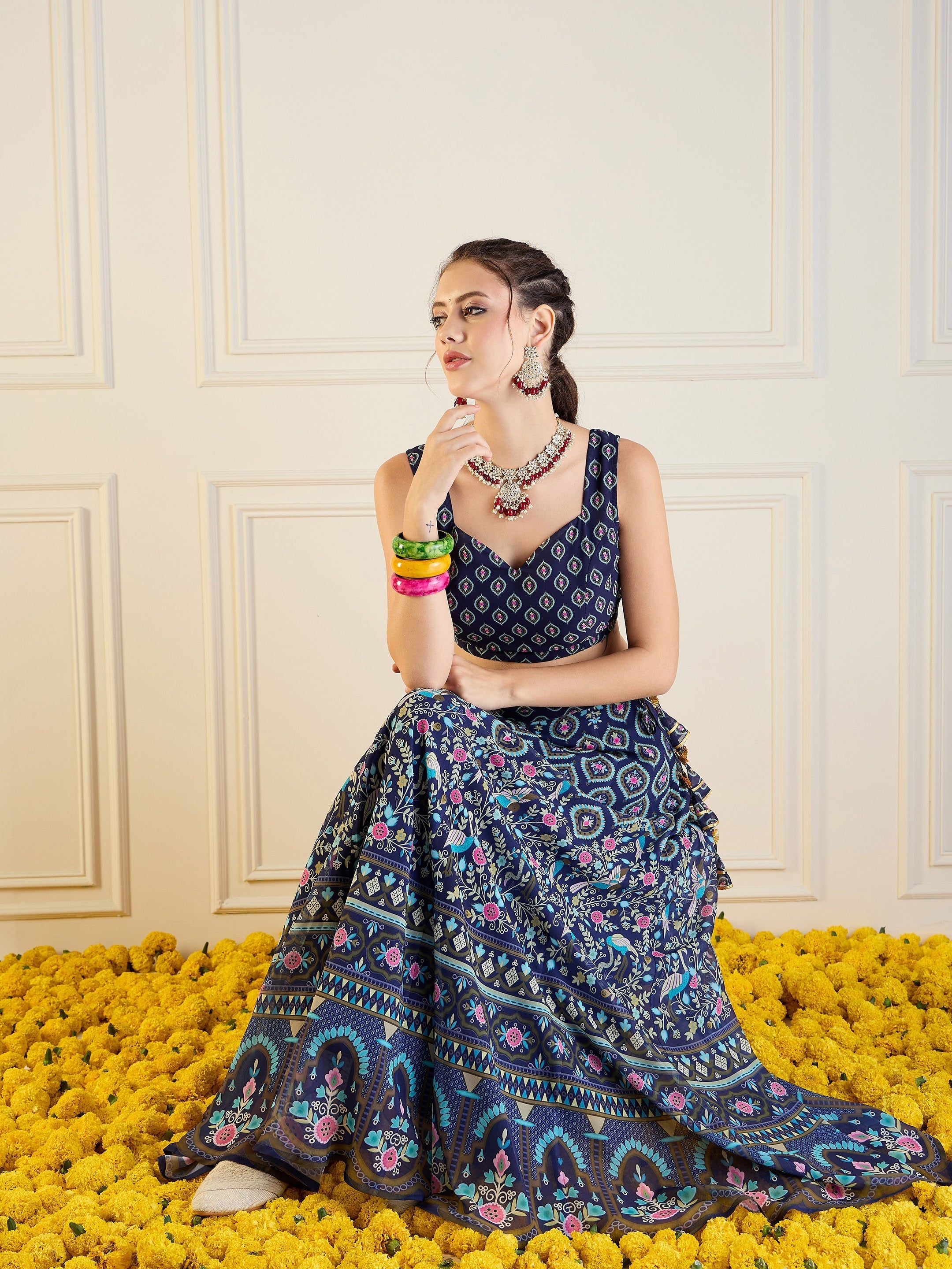 Women Navy Floral Anarkali Skirt With Dori Crop Top