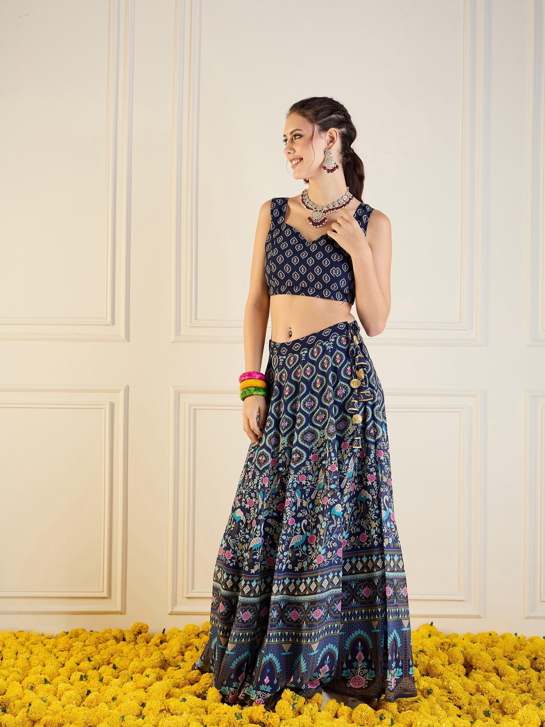 Women Navy Floral Anarkali Skirt With Dori Crop Top