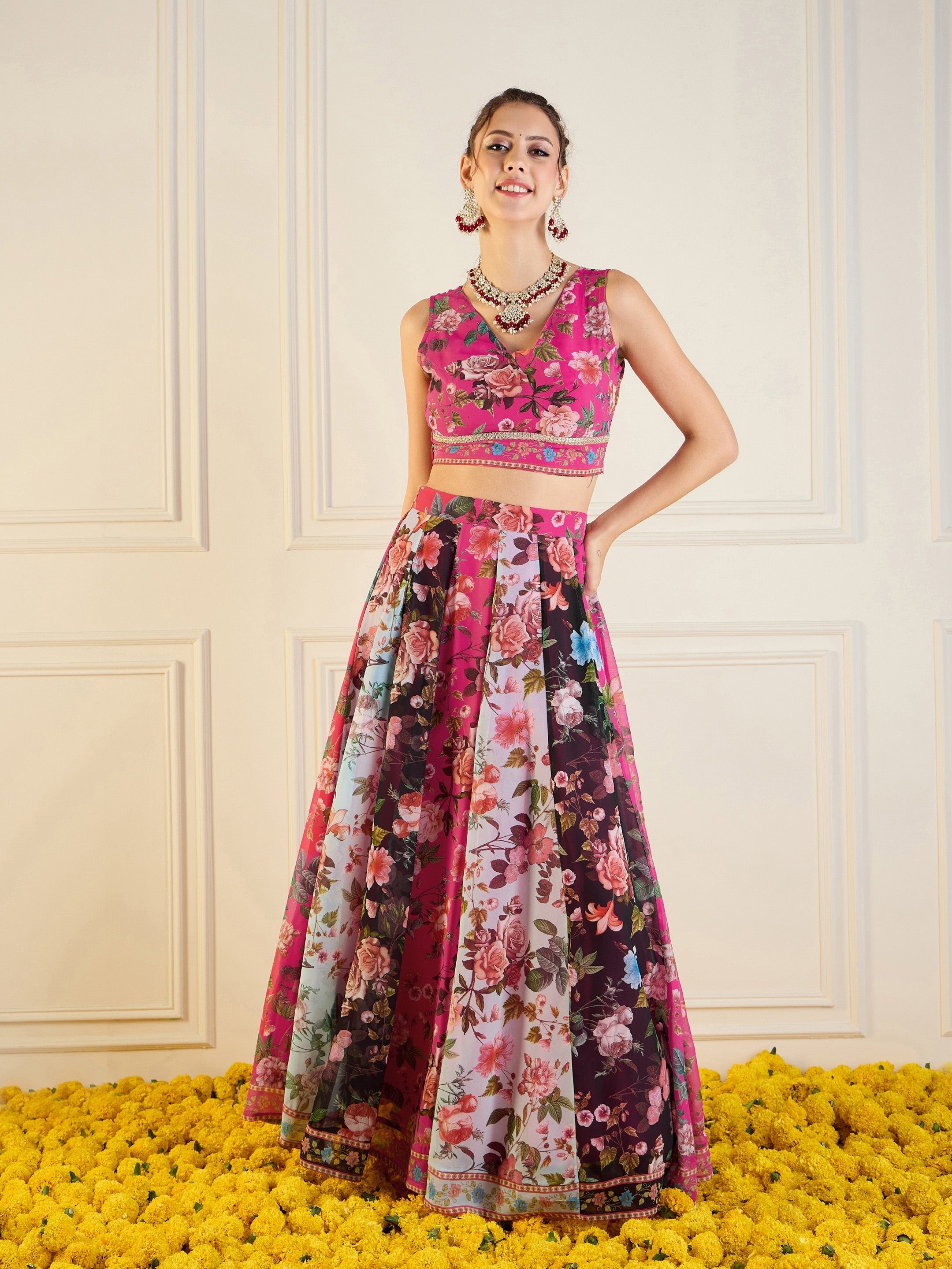 Women Fuchsia & Black Floral Anarkali Skirt With Crop Top