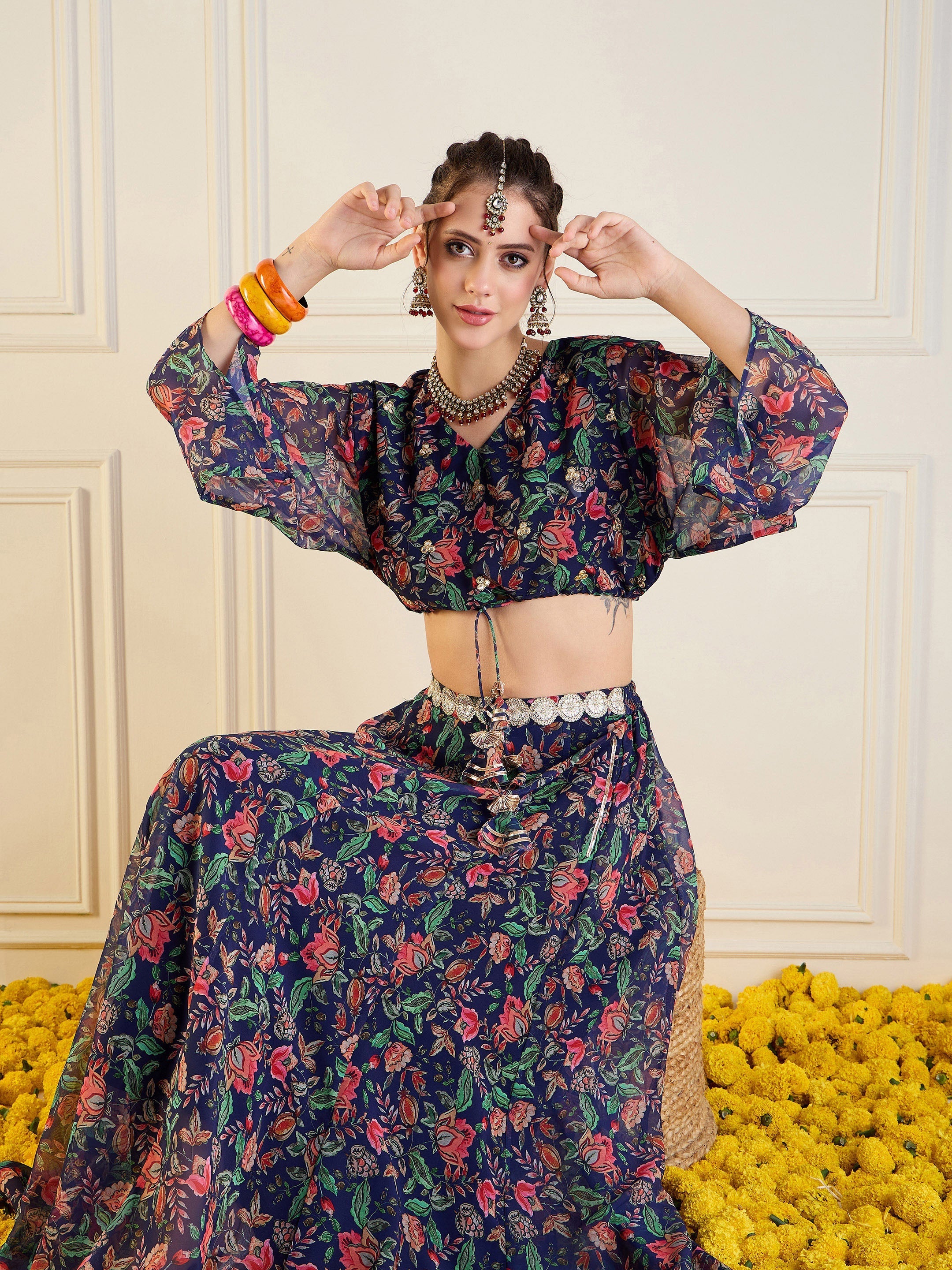 Women Navy Floral Anarkali Skirt With Front Dori Crop Top