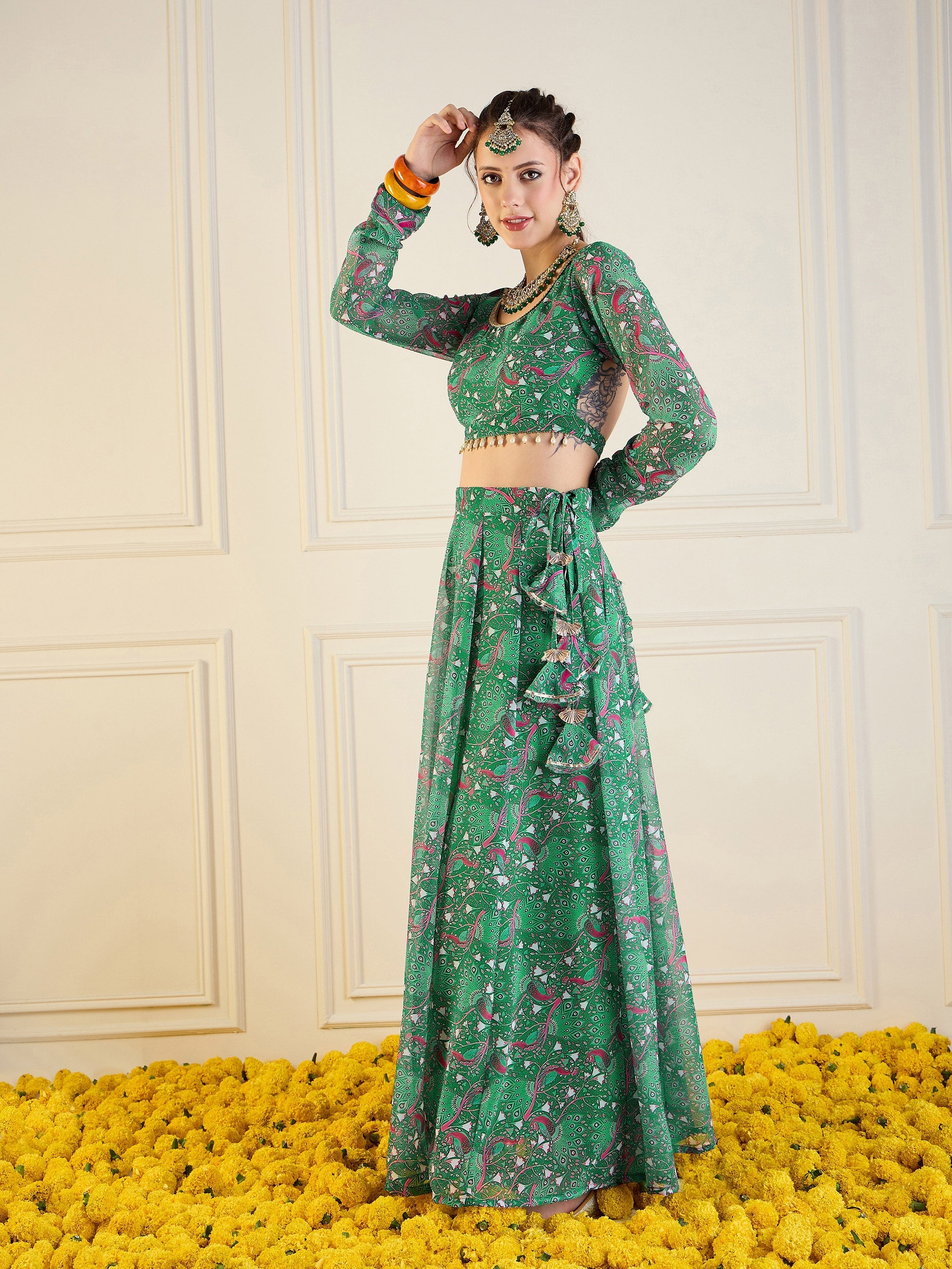 Women Green Printed Anarkali Skirt With Crop Top