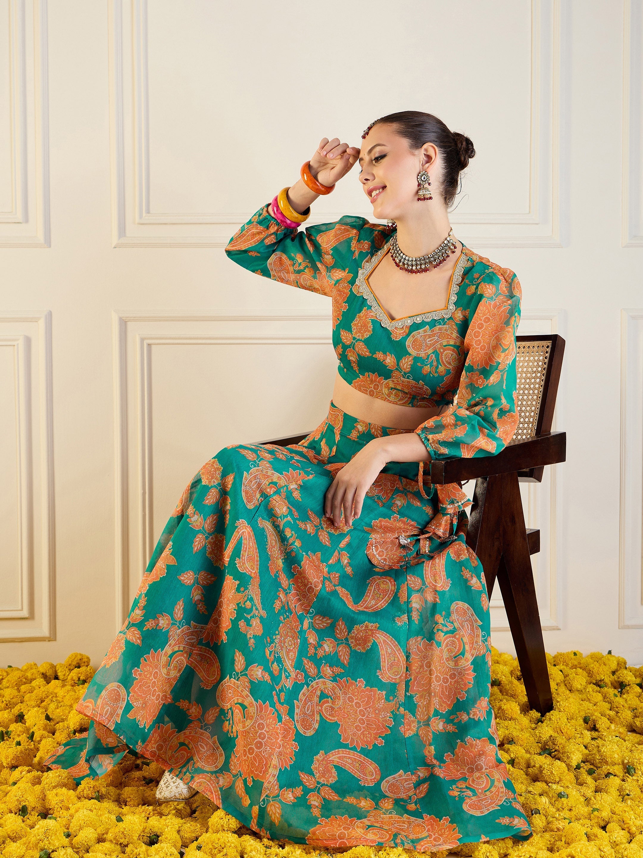 Women Green & Mustard Floral Anarkali Skirt With Crop Top