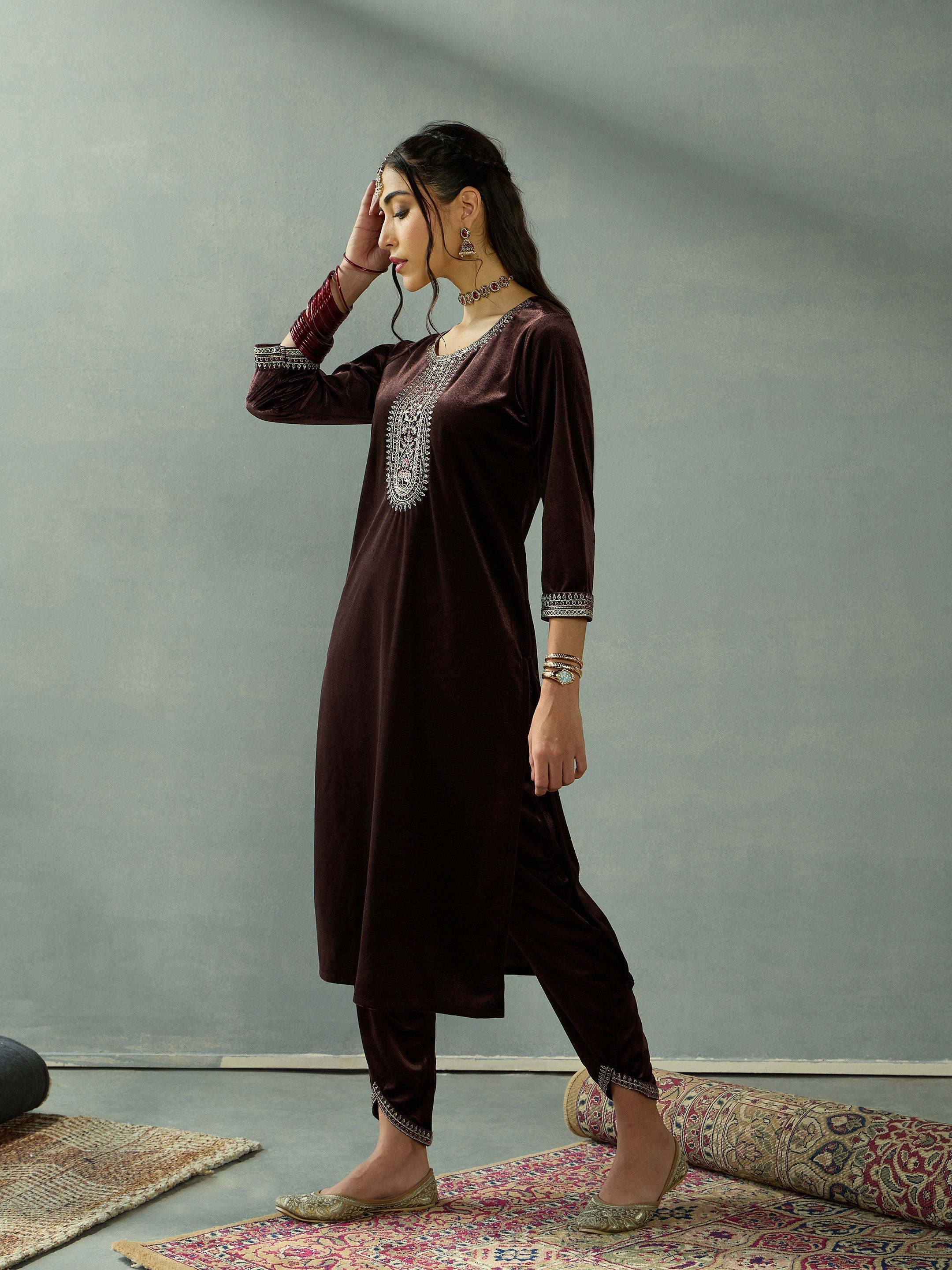 Women Brown Velvet Embroidered Kurta With Tulip Pants