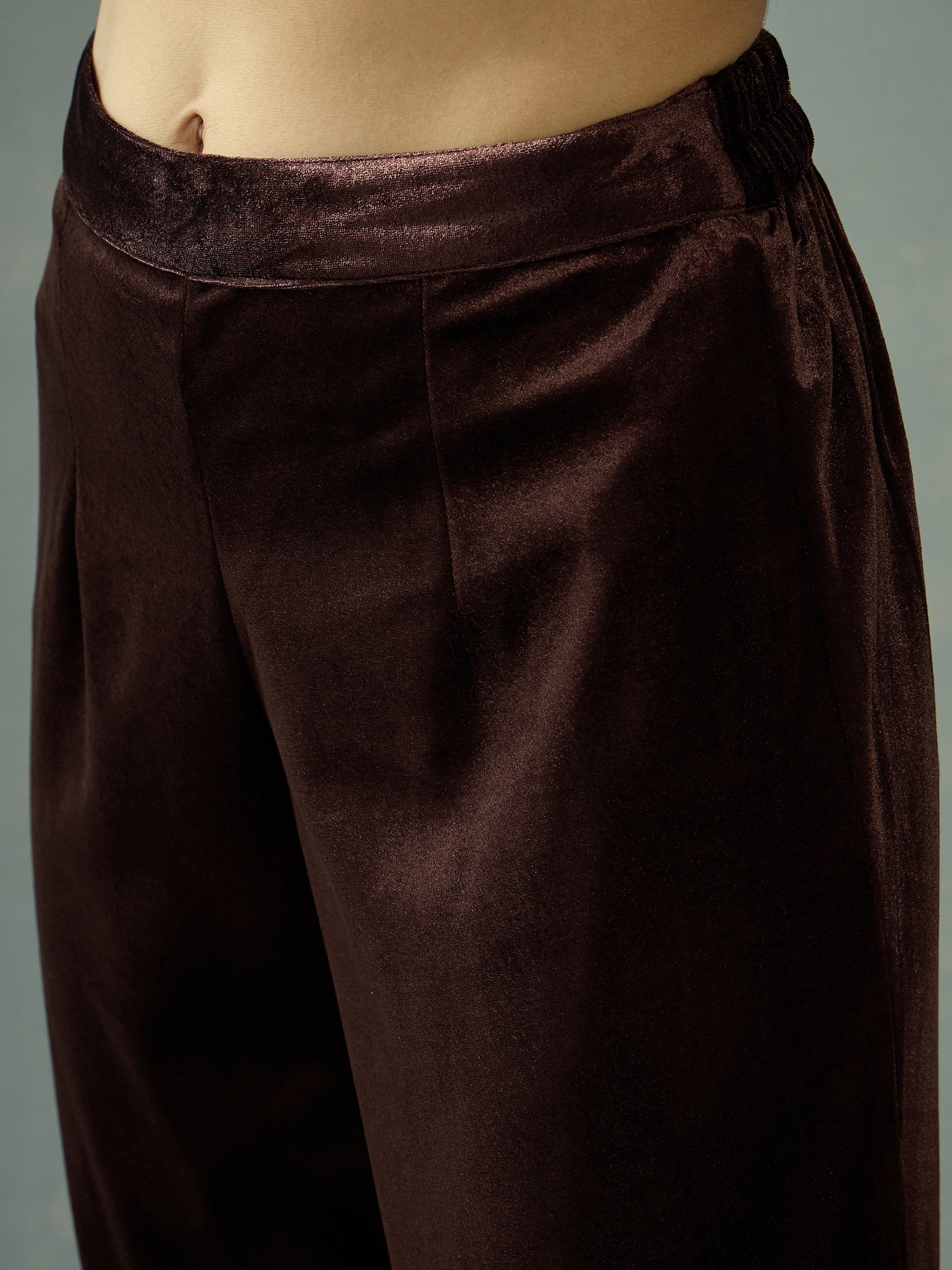 Women Brown Velvet Embroidered Kurta With Tulip Pants