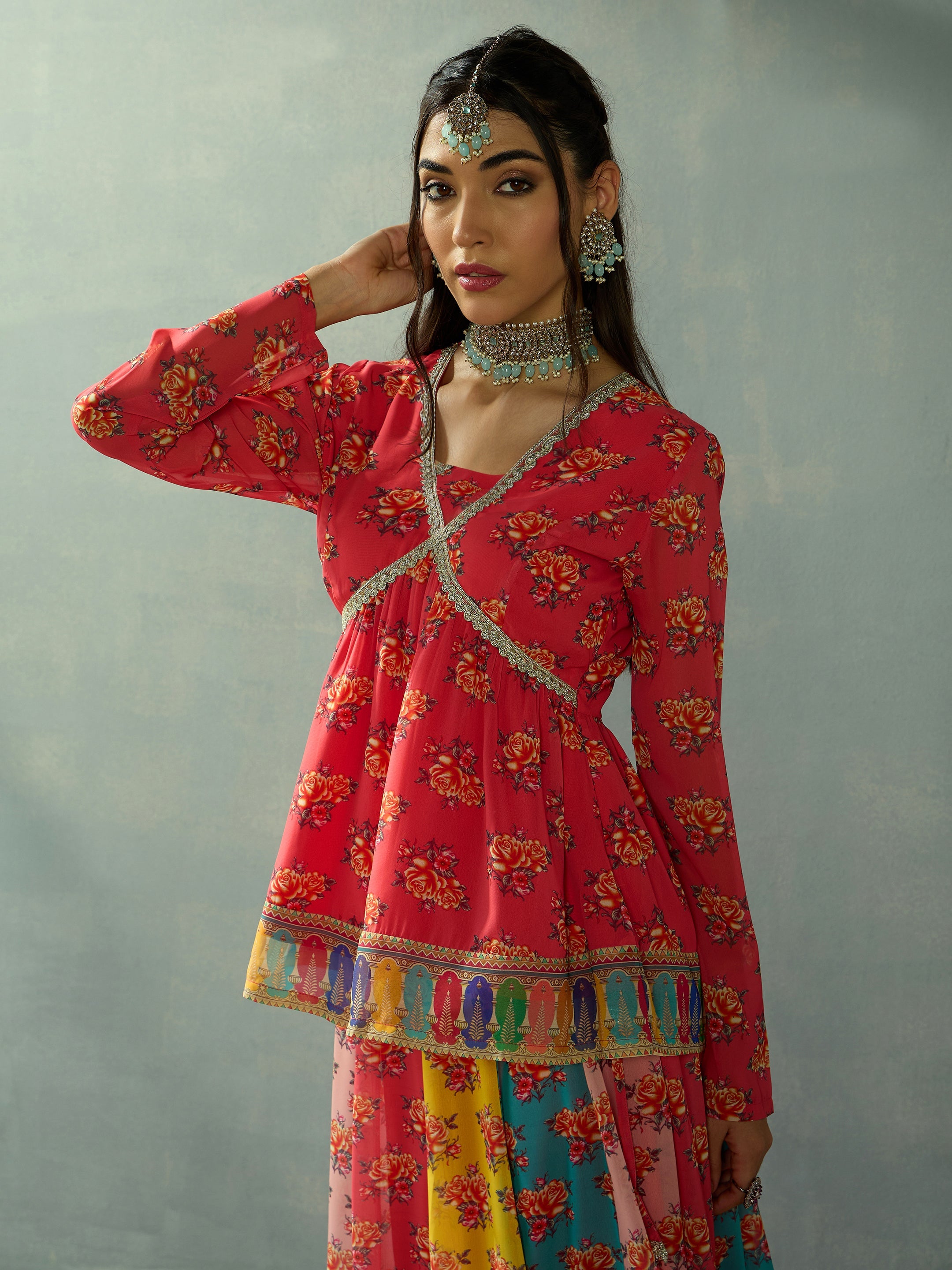 Women Red Multi Color Peplum Top With Anarkali Skirt