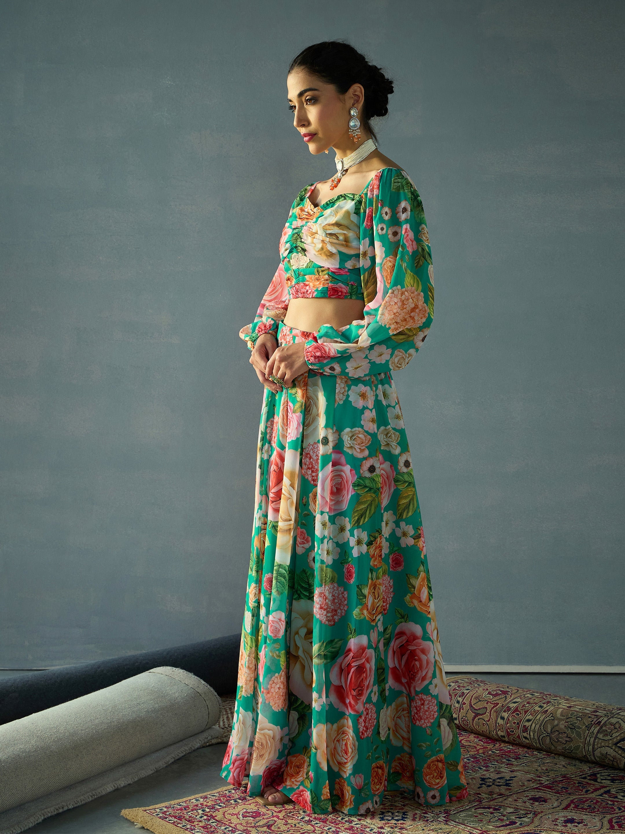 Women Green Floral Ruching Top With Anarkali Skirt