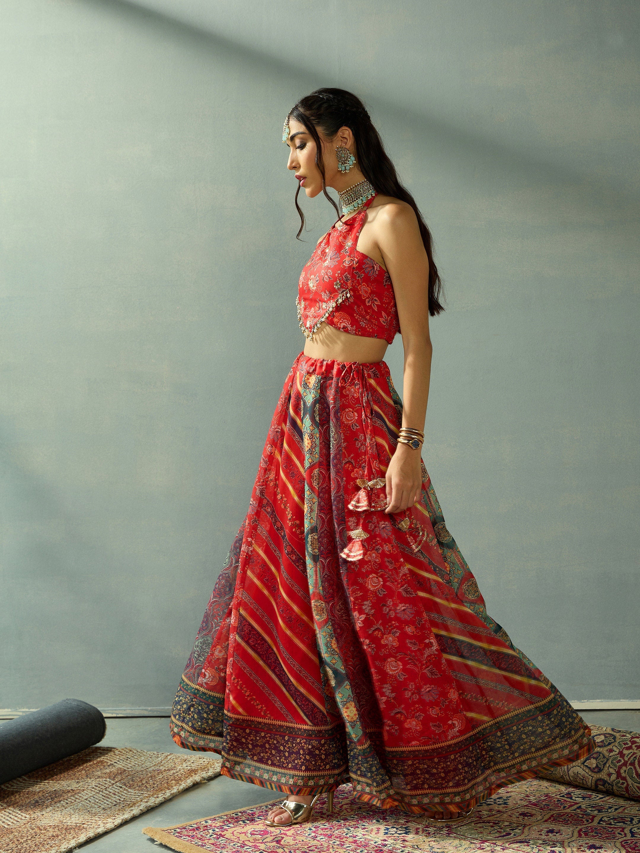 Women Red Halter Neck Crop Top With Anarkali Skirt