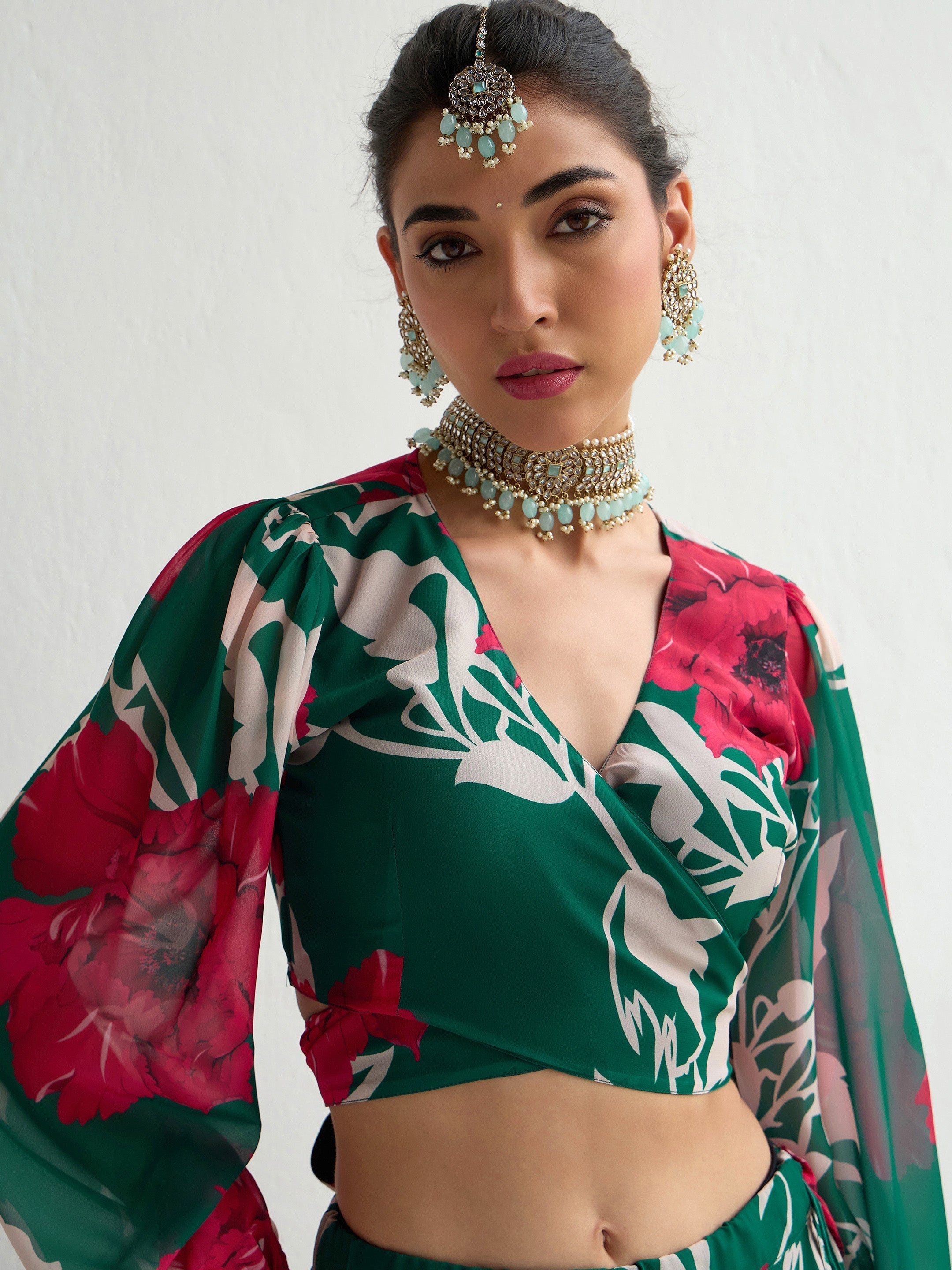 Women Green & Red Floral Wrap Top With Anarkali Skirt