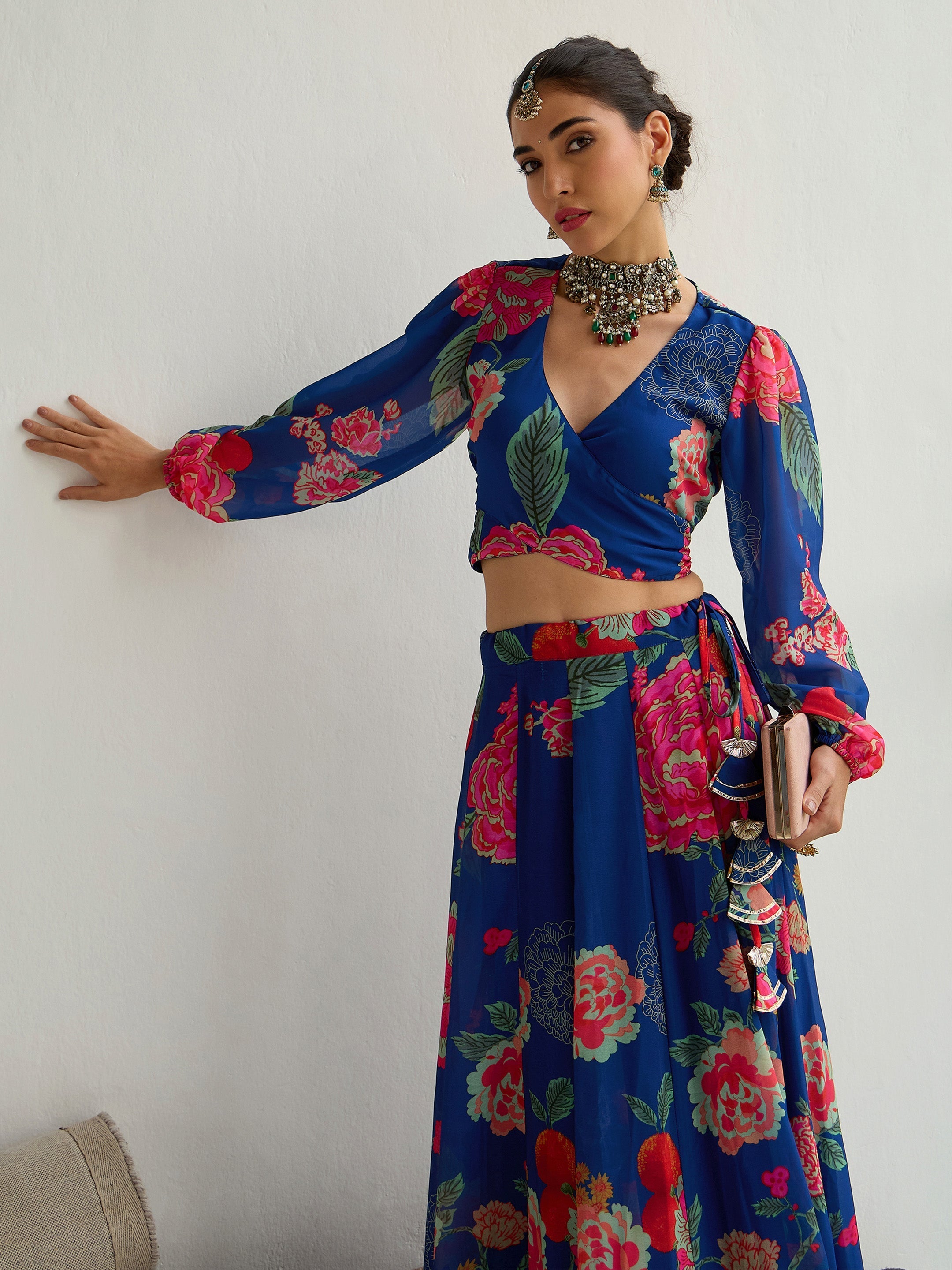 Women Navy & Red Floral Wrap Top With Anarkali Skirt