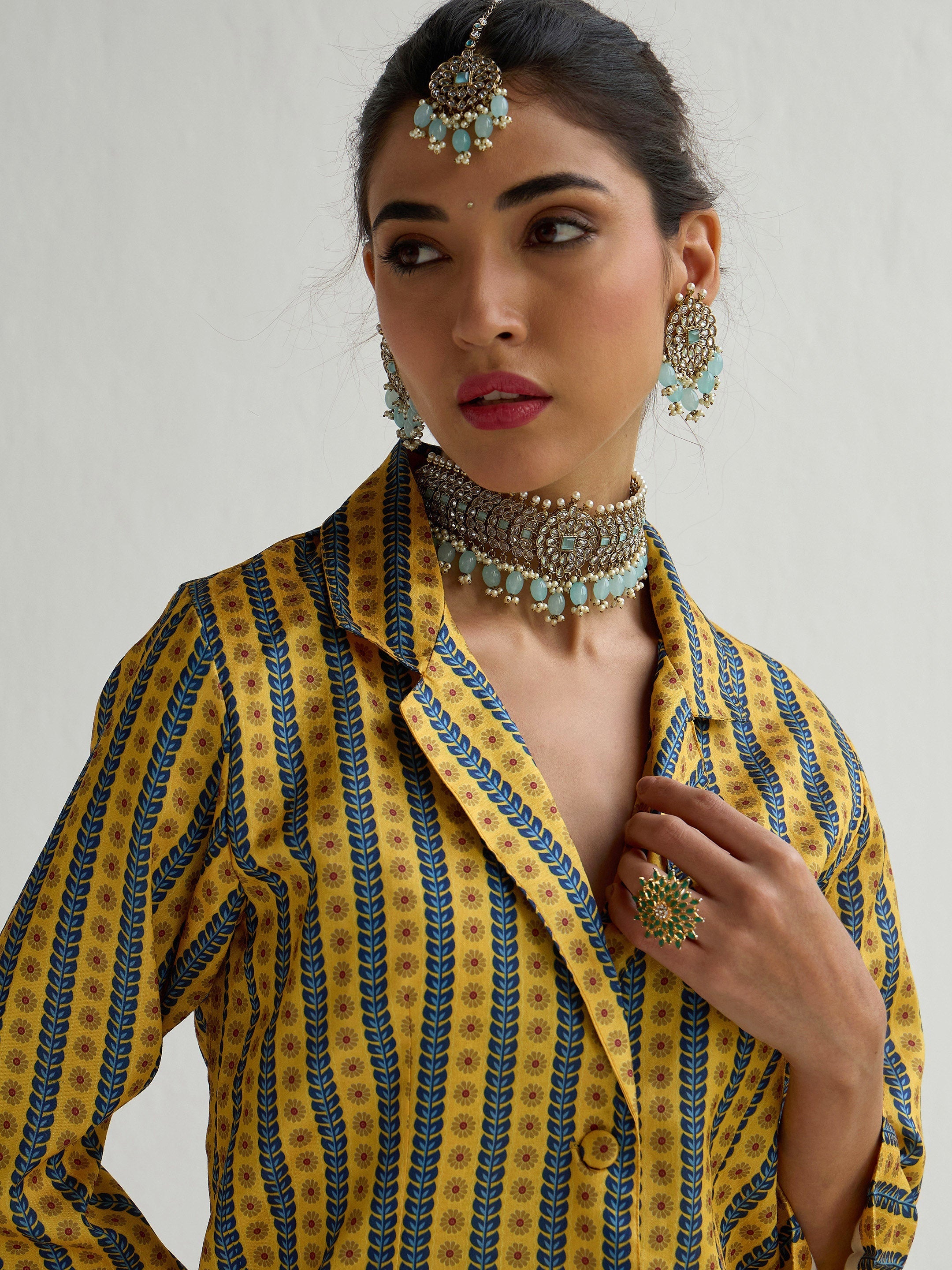 Women Yellow & Blue Floral Blazer Top With Anarkali Skirt