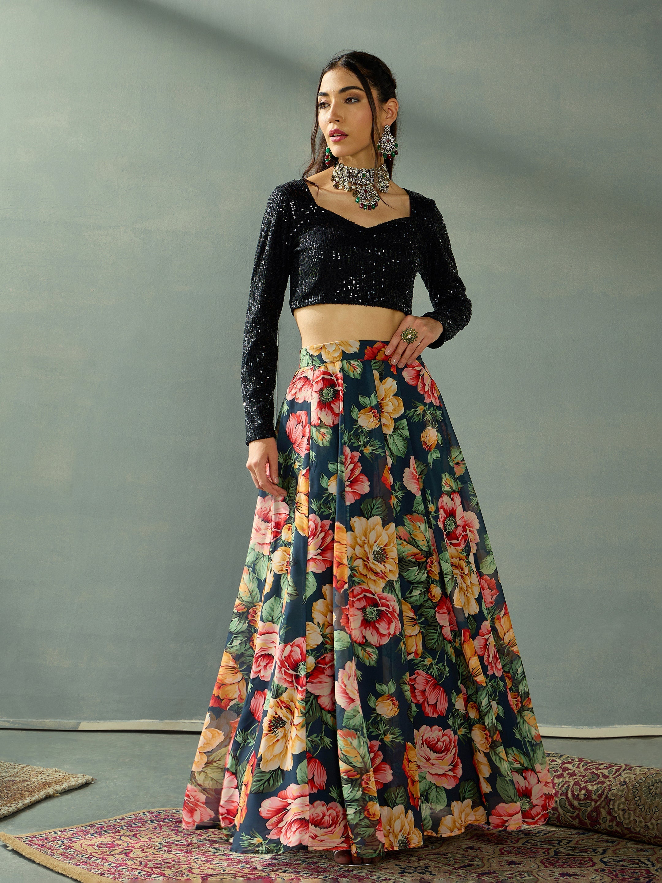 Women Black Sequence Blouse With Anarkali Skirt