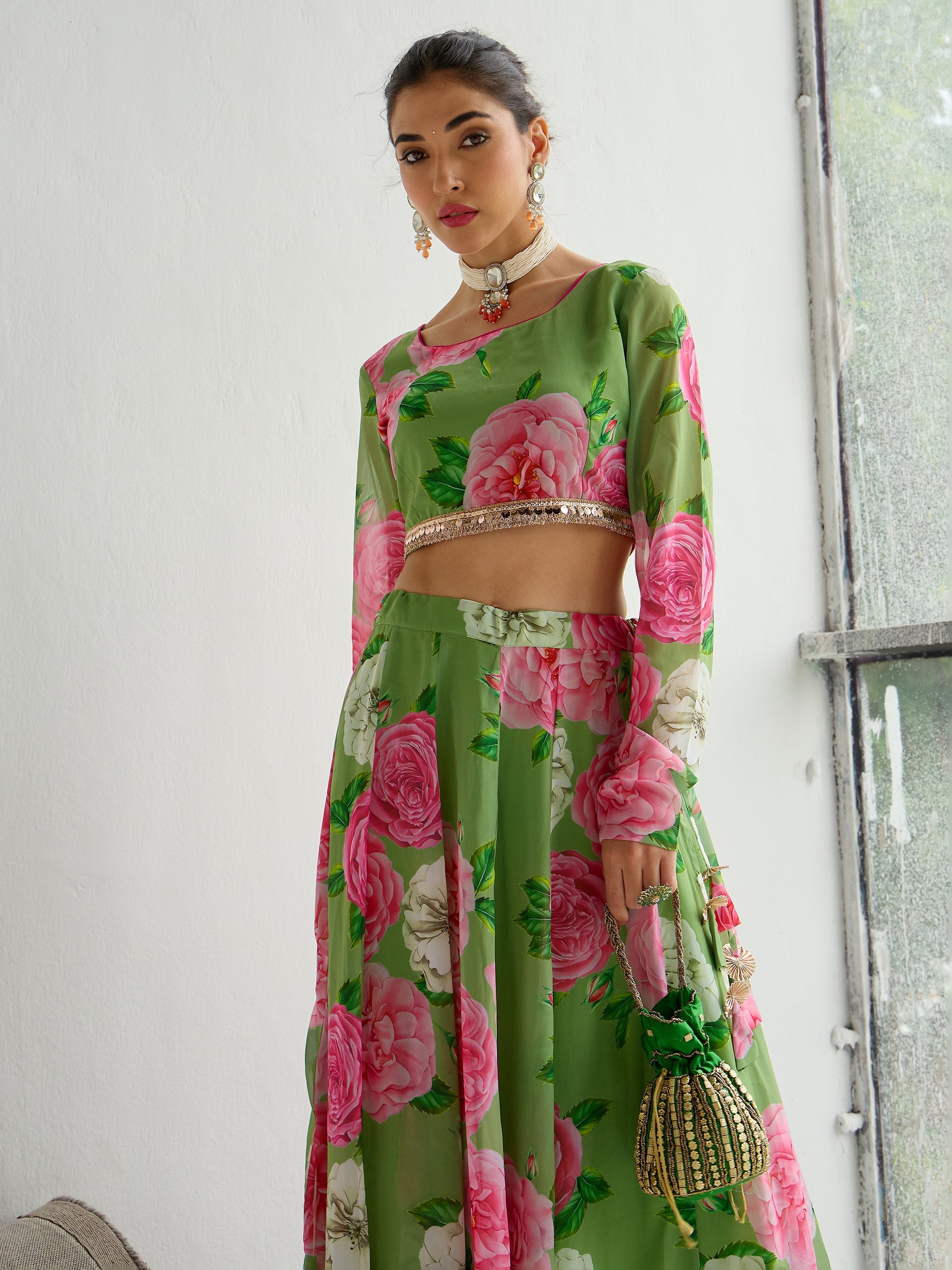 Women Green Floral Crop Top With Anarkali Skirt