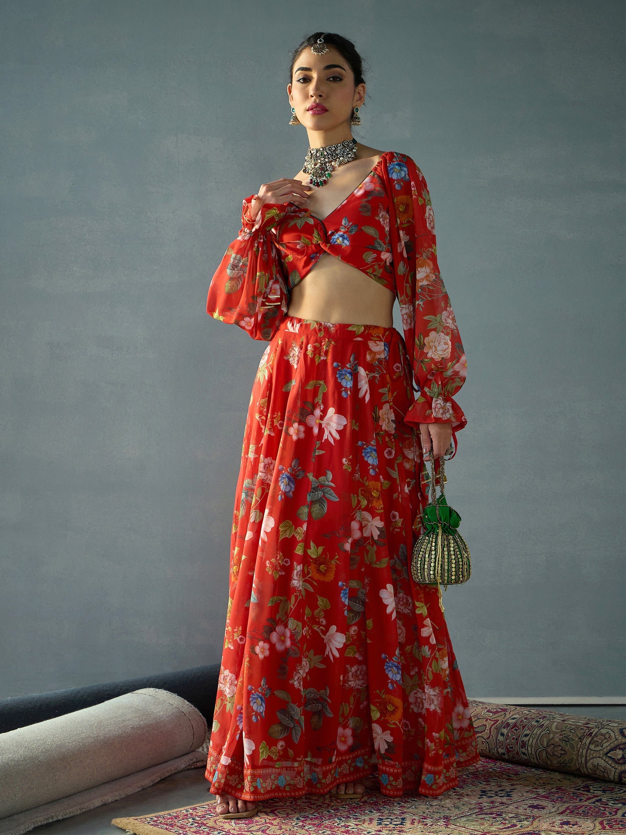 Women Red Floral Back Smocking Crop Top With Anarkali Skirt