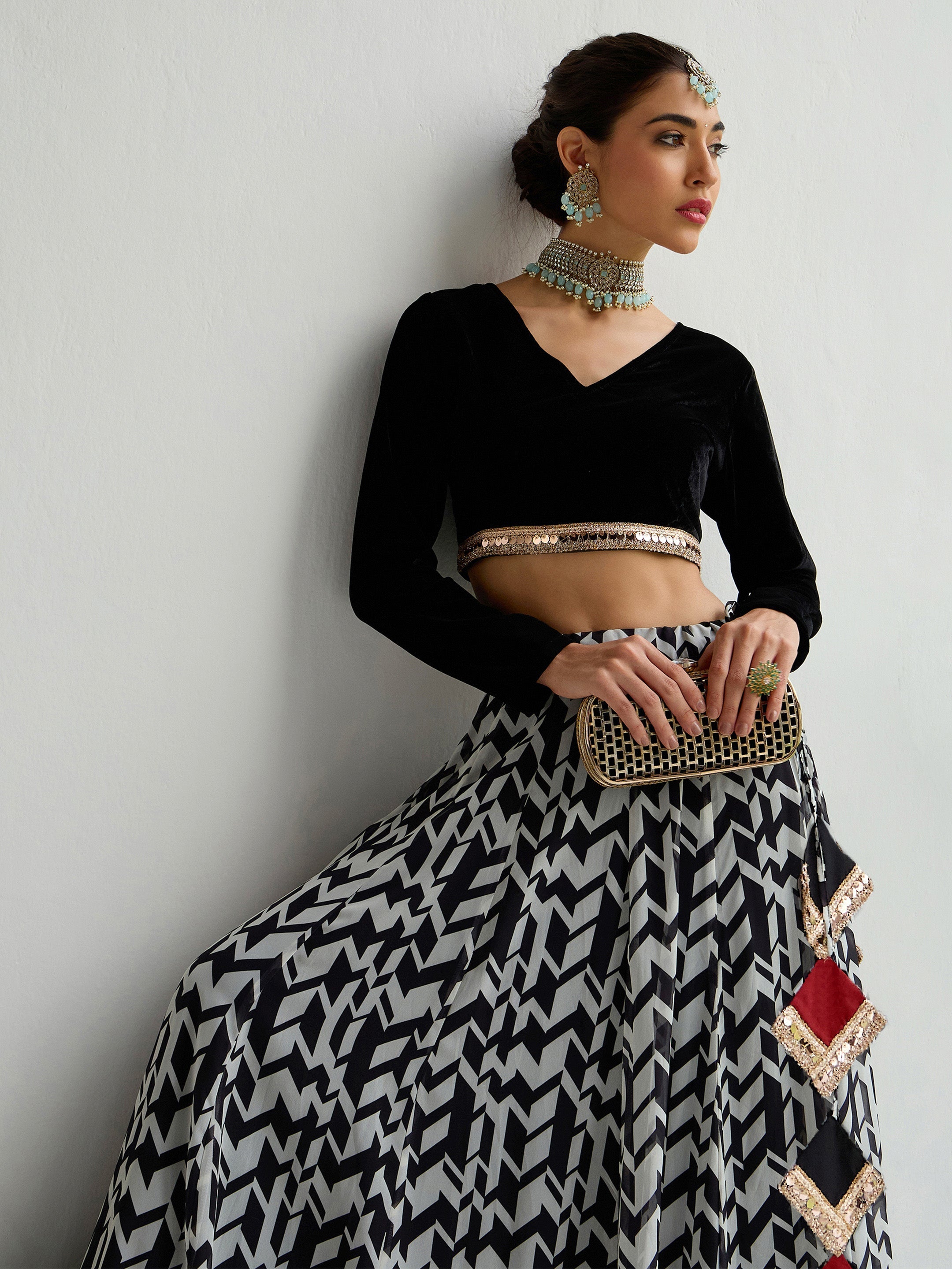 Women Black Velvet Crop Top With Anarkali Skirt