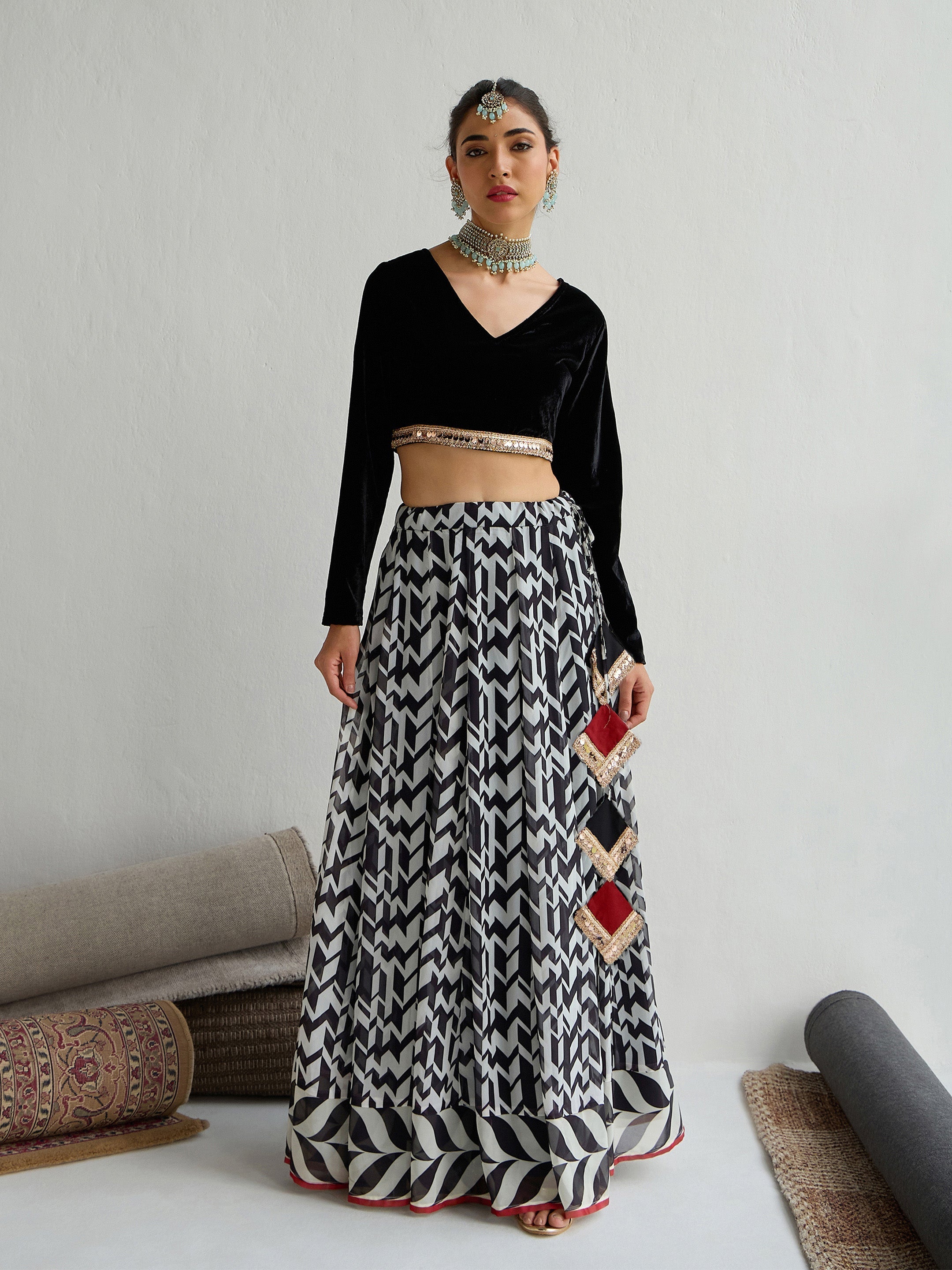 Women Black Velvet Crop Top With Anarkali Skirt