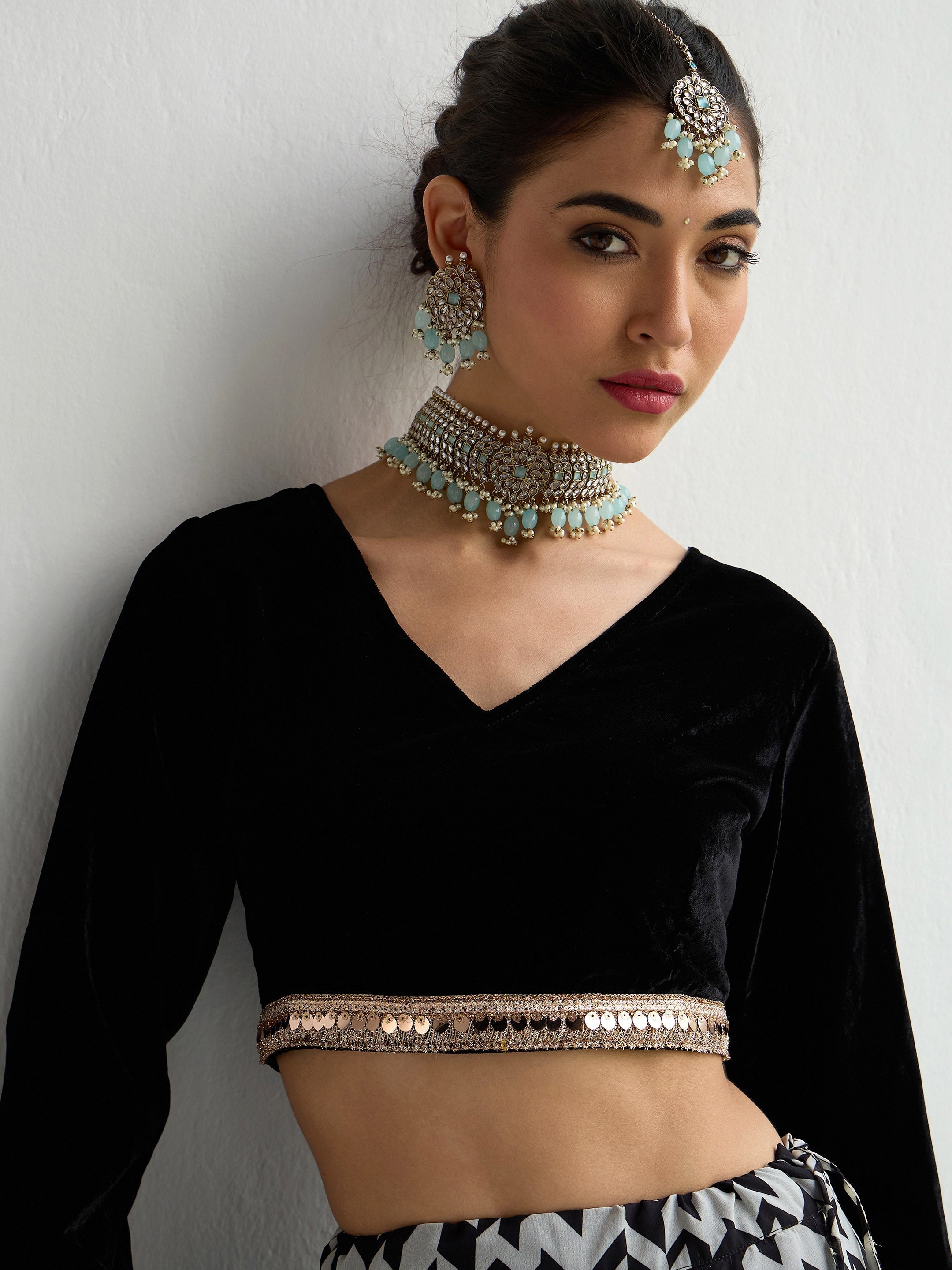 Women Black Velvet Crop Top With Anarkali Skirt