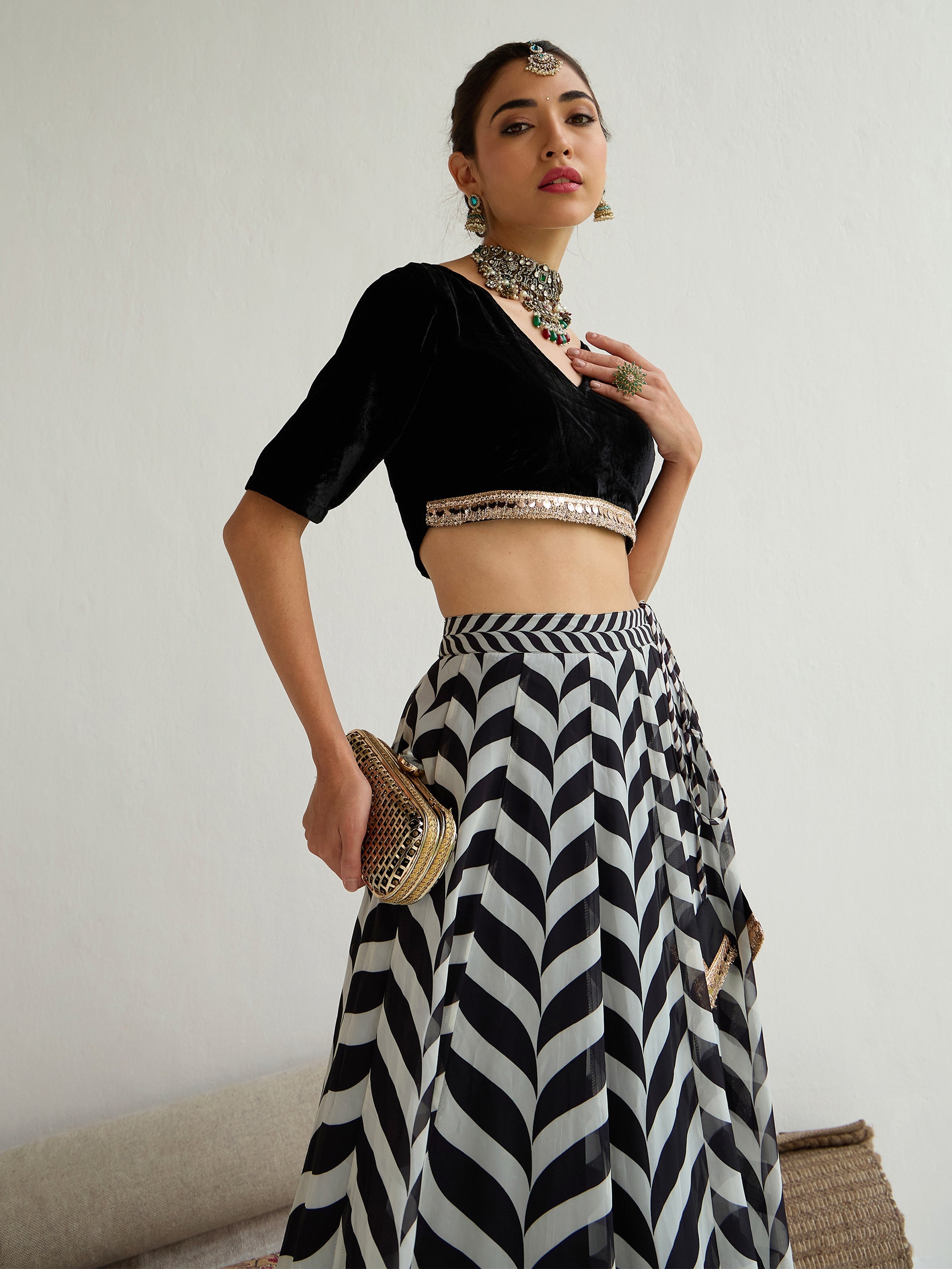 Women Black Velvet Short Sleeves Crop Top With Anarkali Skirt