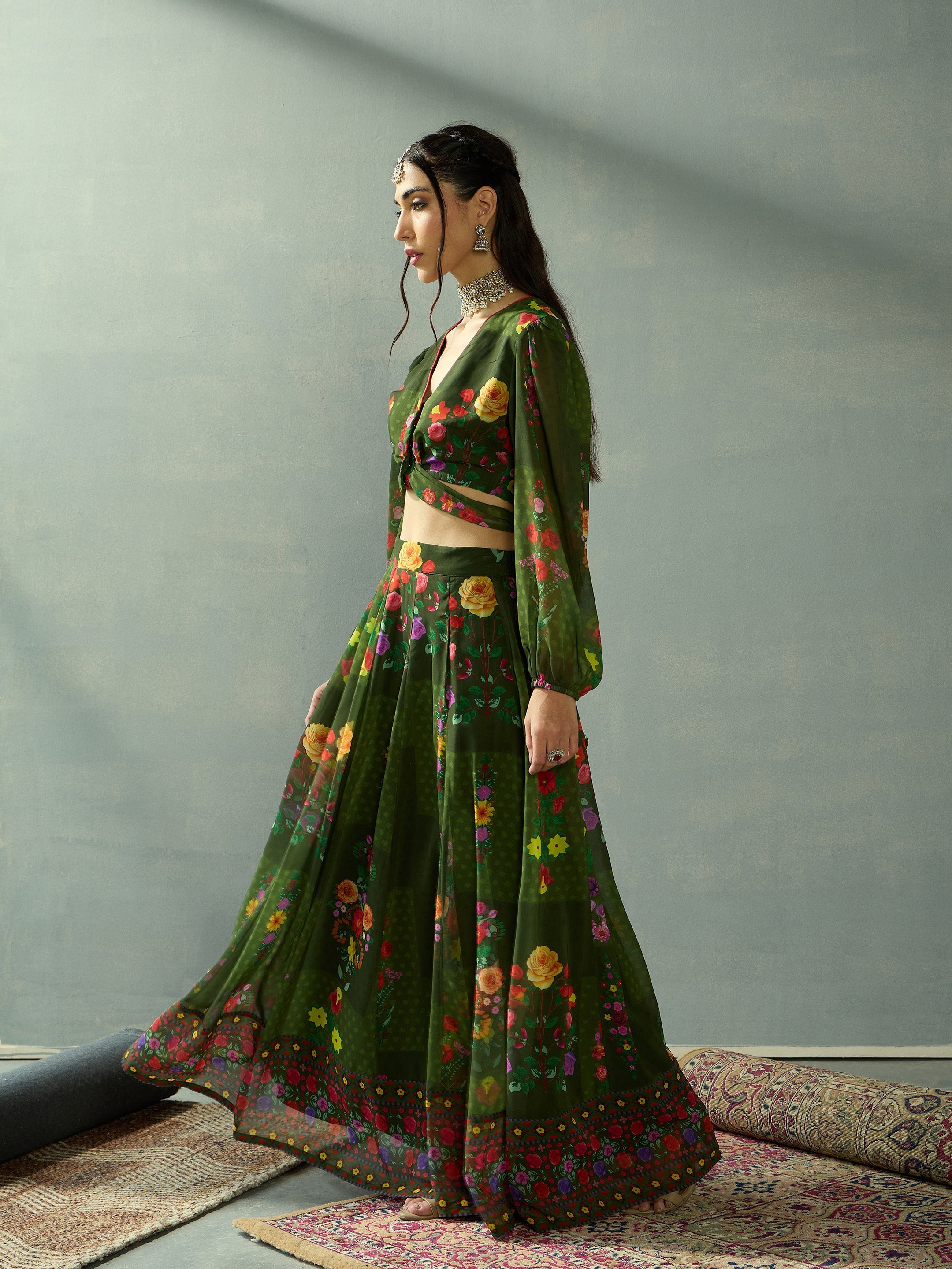 Women Green Floral Tie Knot Crop Top With Anarkali Skirt