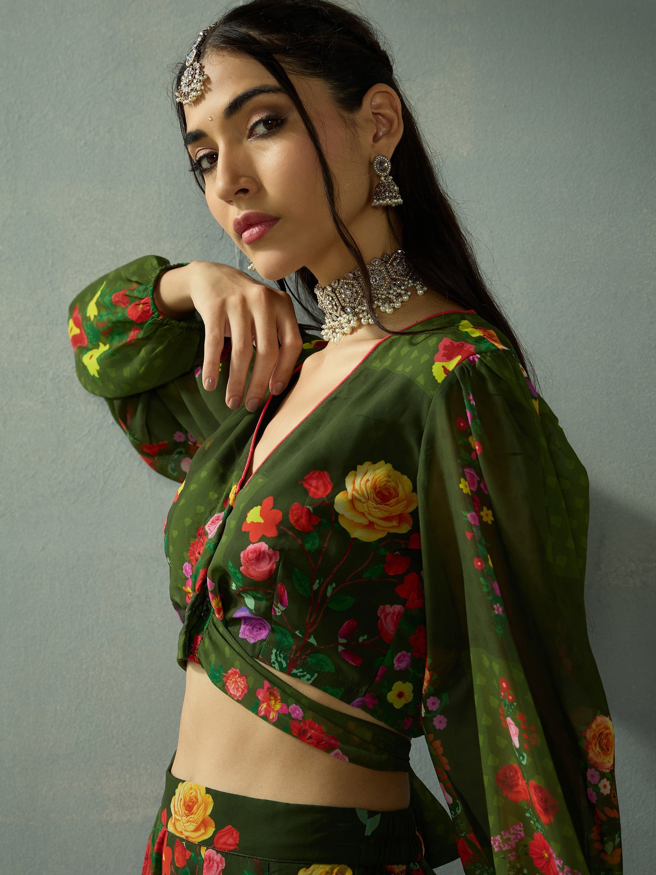 Women Green Floral Tie Knot Crop Top With Anarkali Skirt