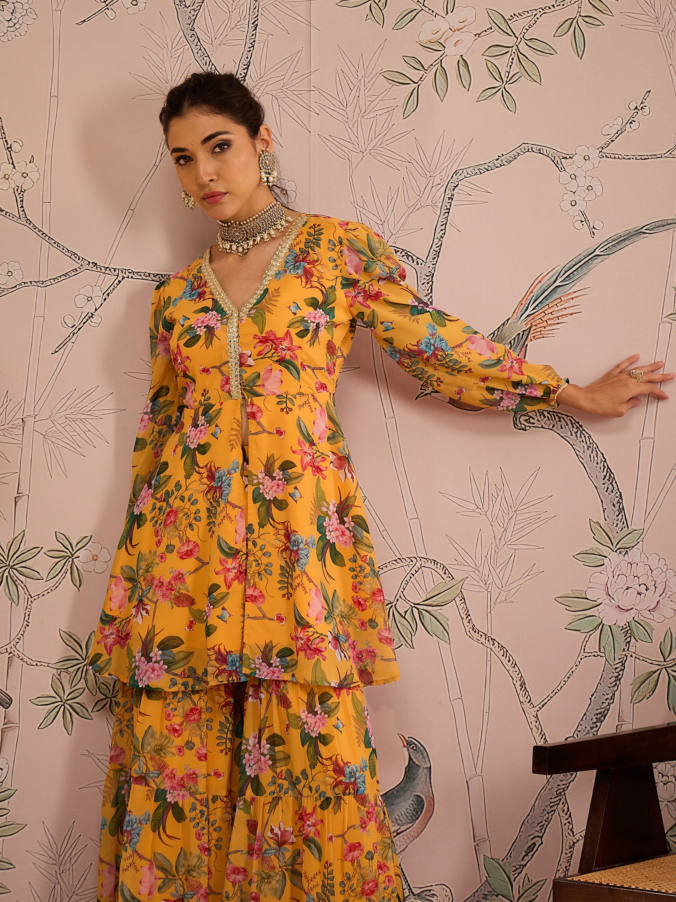 Women Yellow Floral Peplum Top With Sharara Pants