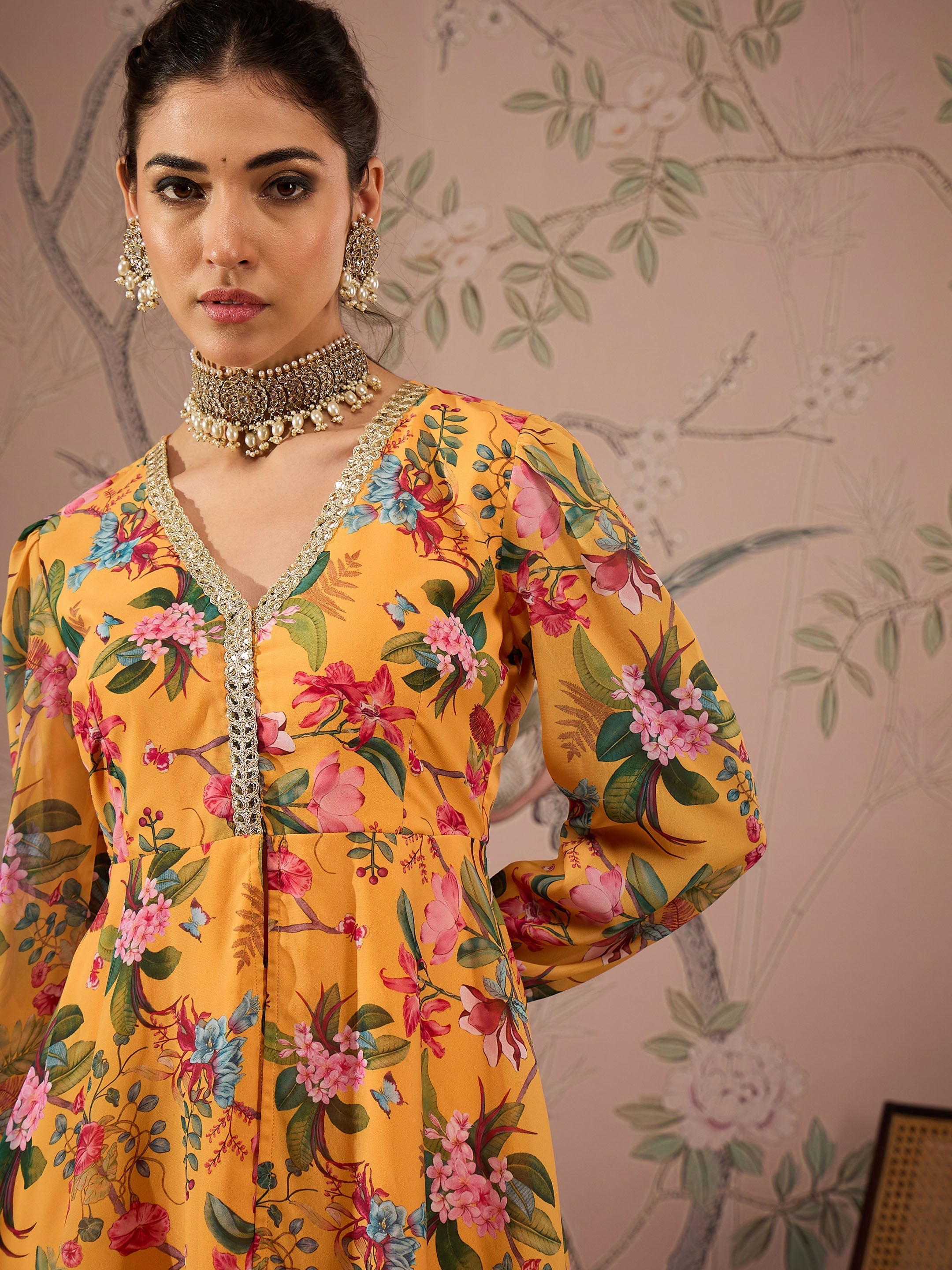 Women Yellow Floral Peplum Top With Sharara Pants