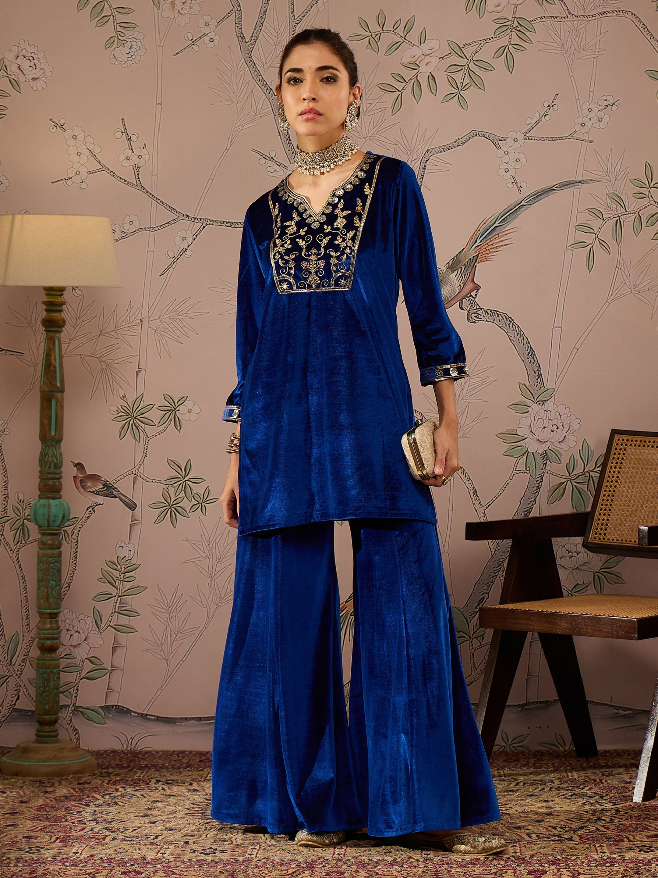 Women Royal Blue Velvet Embroidered Kurta With Palazzo Pants