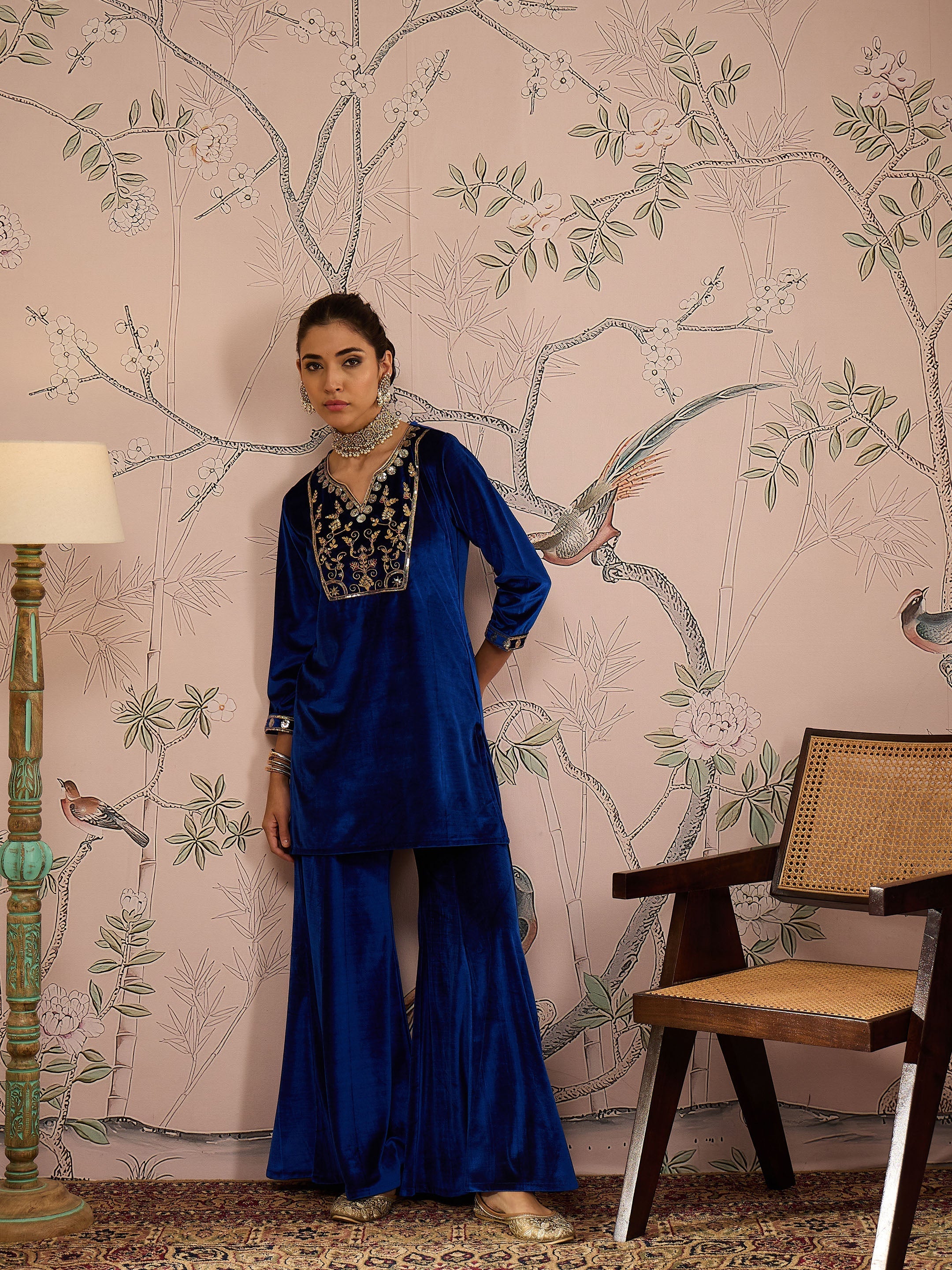 Women Royal Blue Velvet Embroidered Kurta With Palazzo Pants