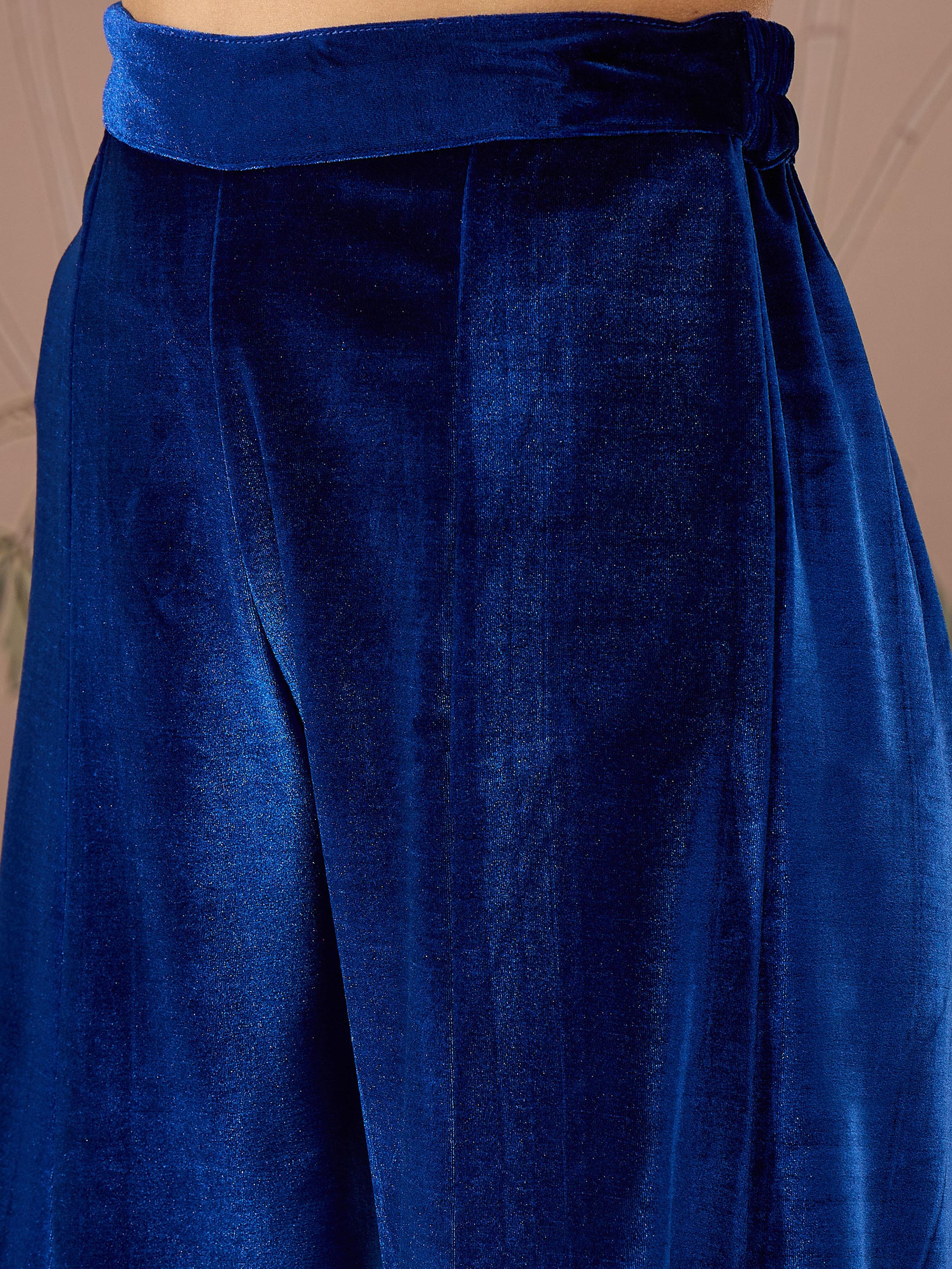 Women Royal Blue Velvet Embroidered Kurta With Palazzo Pants