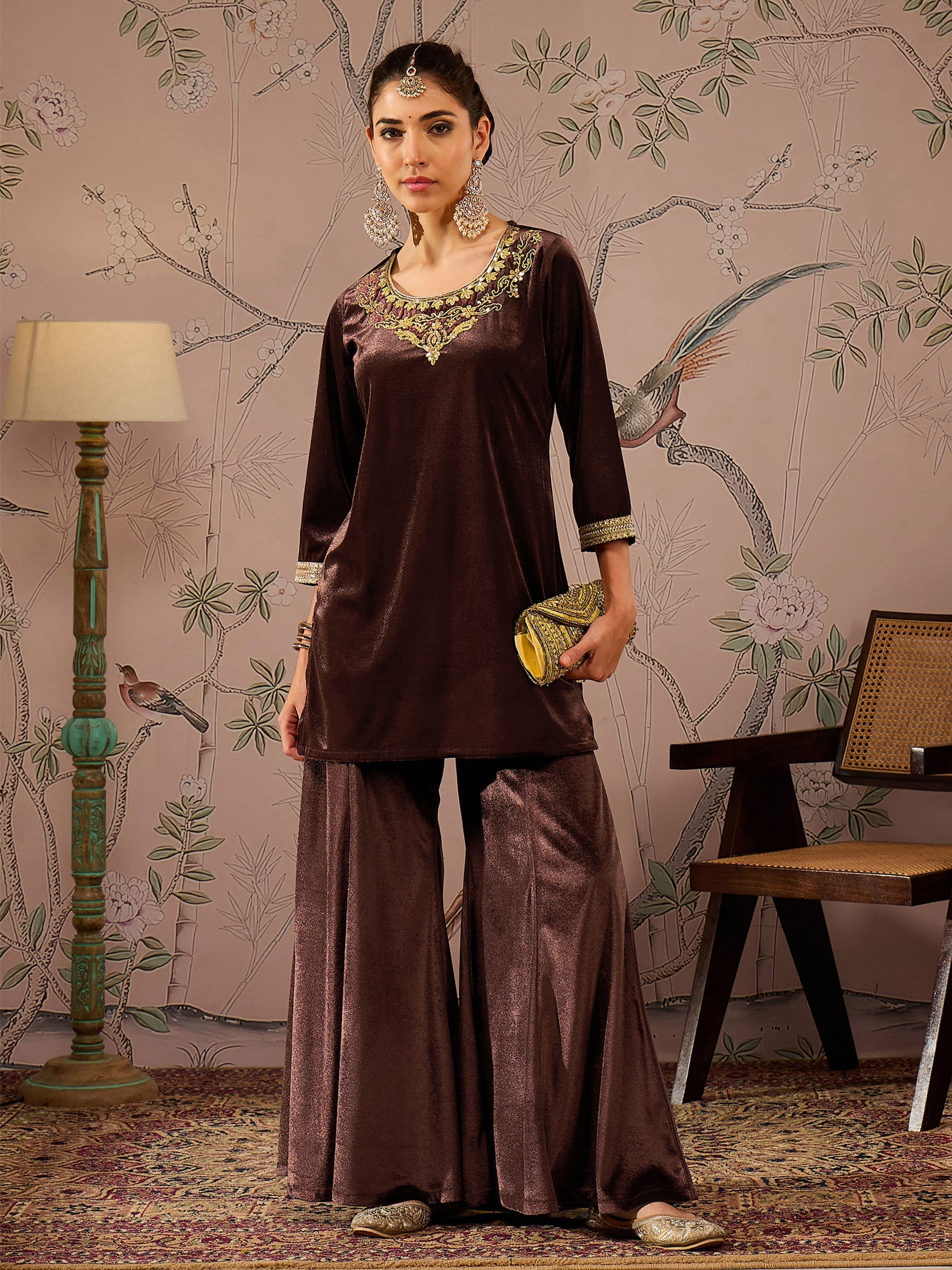 Women Brown Velvet Embroidered Short Kurta With Palazzo Pants
