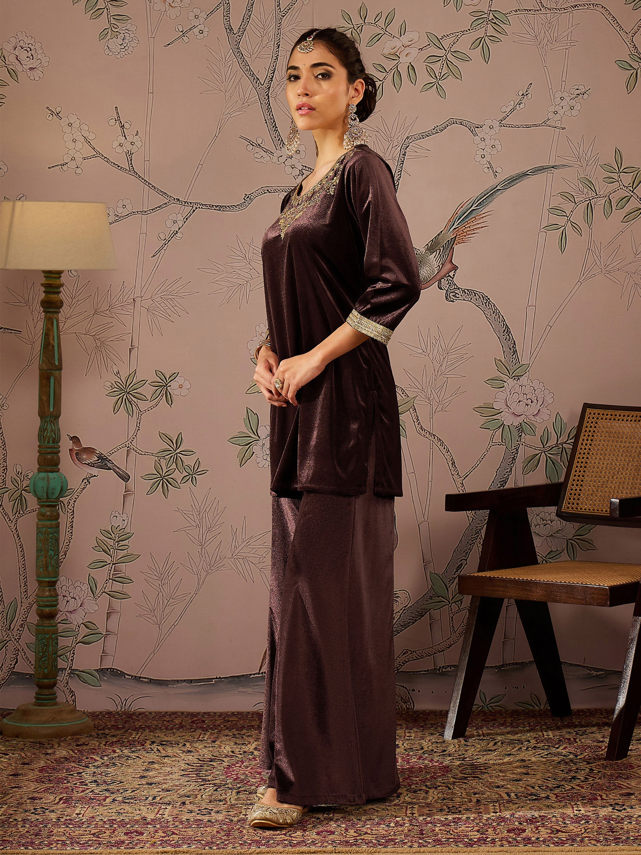 Women Brown Velvet Embroidered Short Kurta With Palazzo Pants