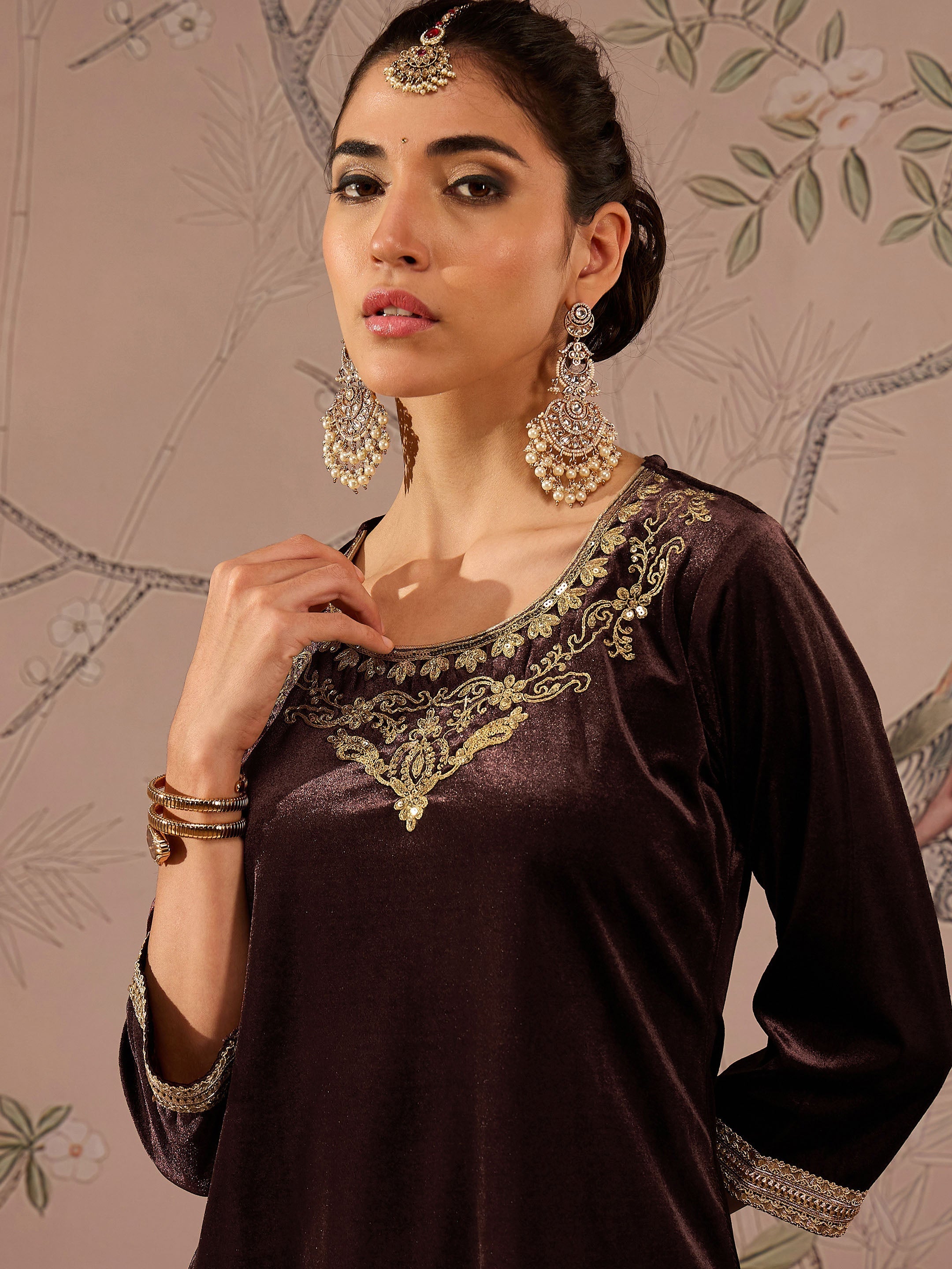 Women Brown Velvet Embroidered Short Kurta With Palazzo Pants