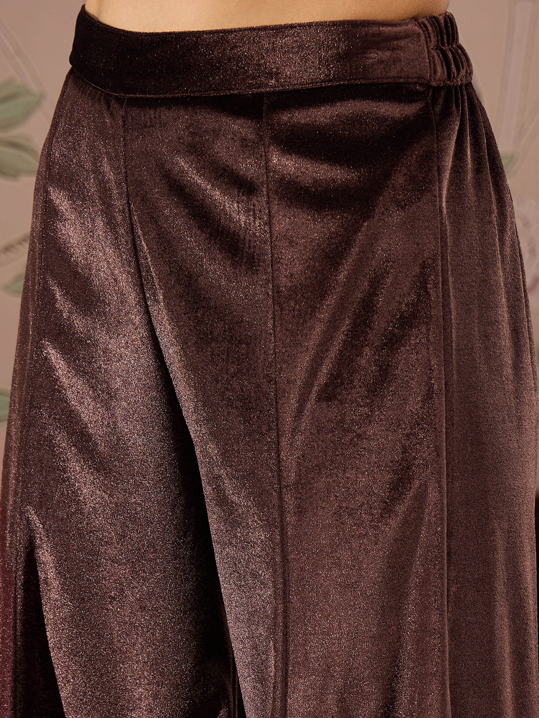 Women Brown Velvet Embroidered Short Kurta With Palazzo Pants