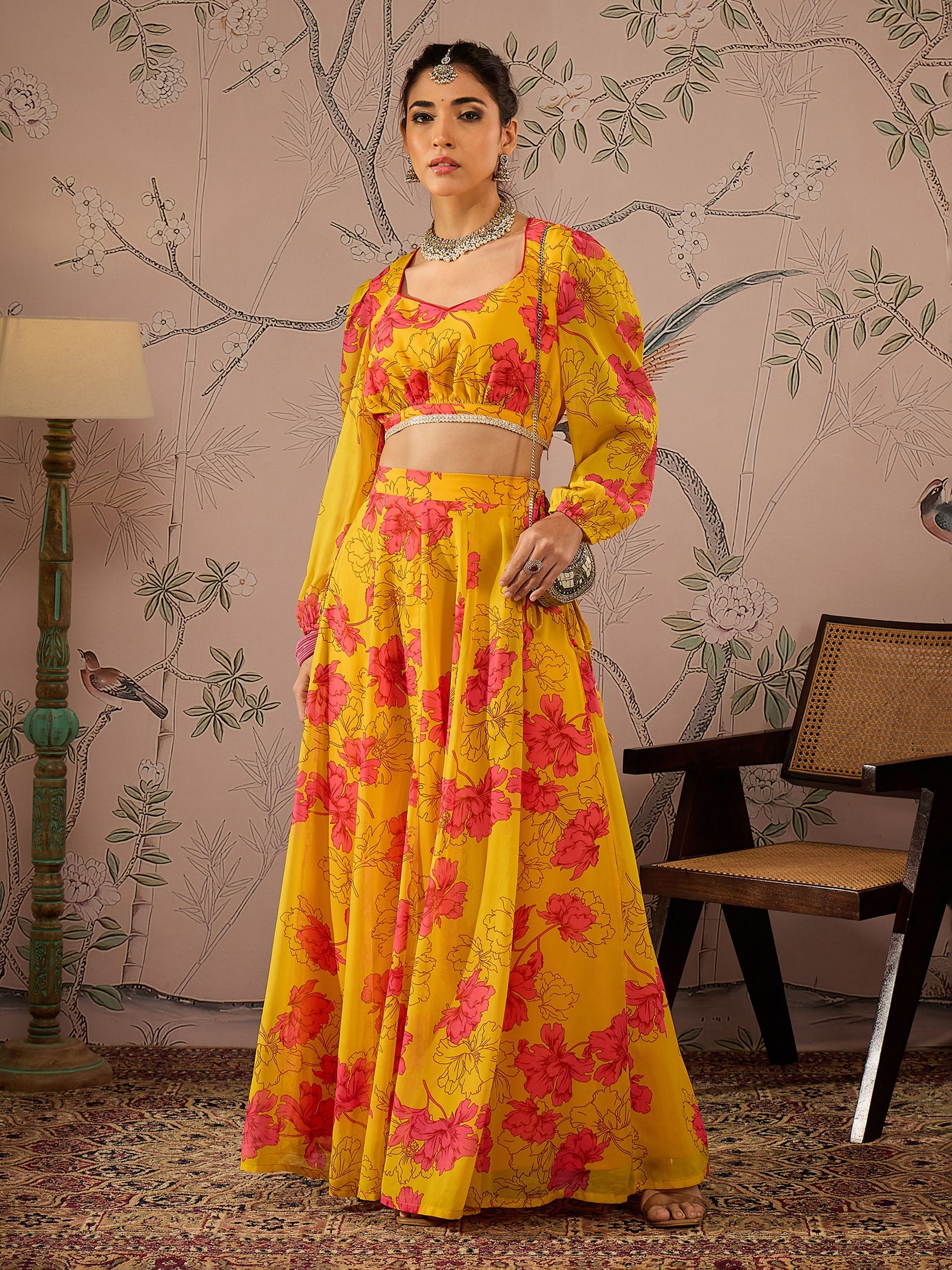 Women Yellow Floral Sweetheart Neck Crop Top With Anarkali Skirt