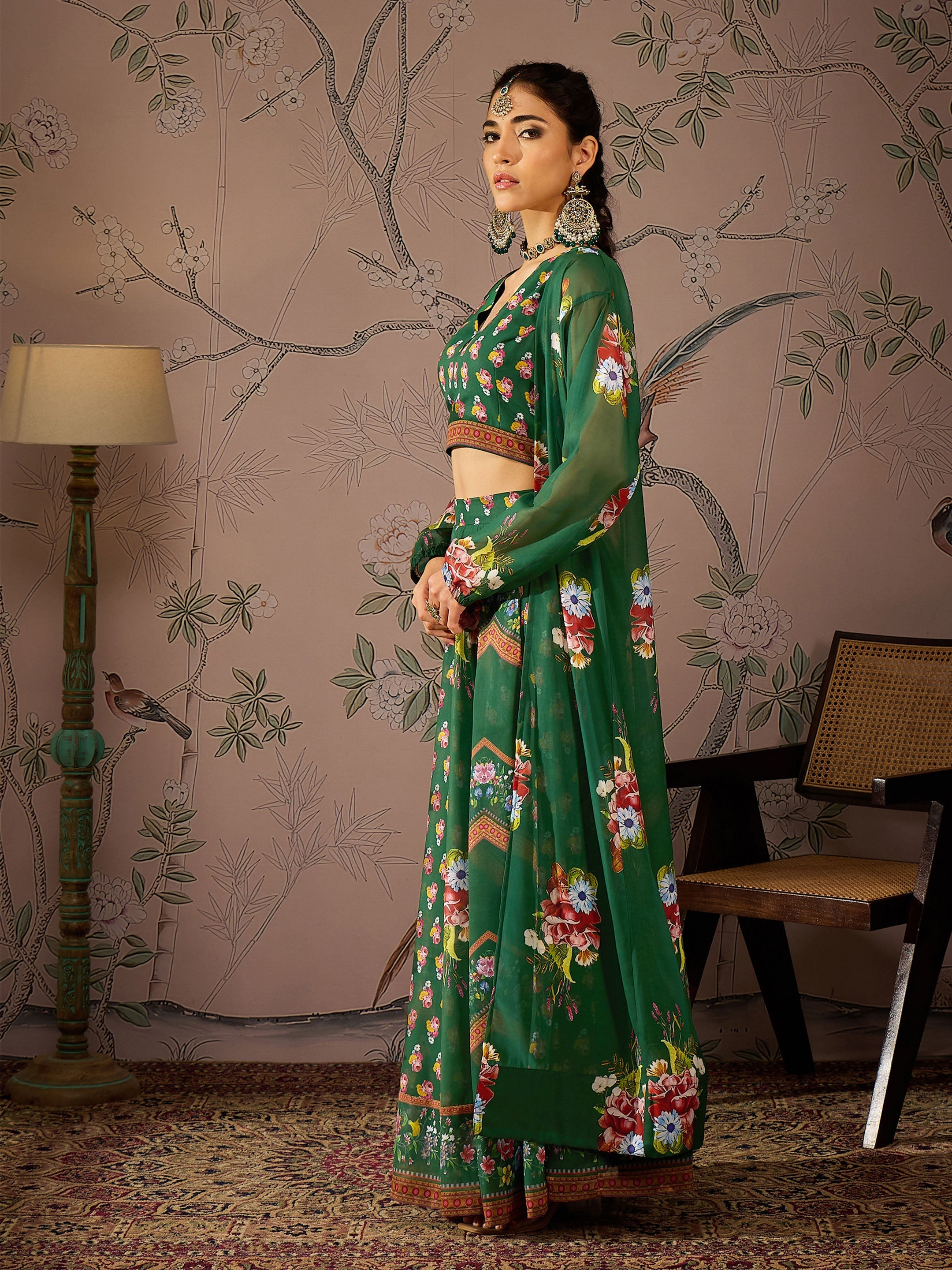 Women Green Multi Floral Crop Top With Anarkali Skirt & Shrug