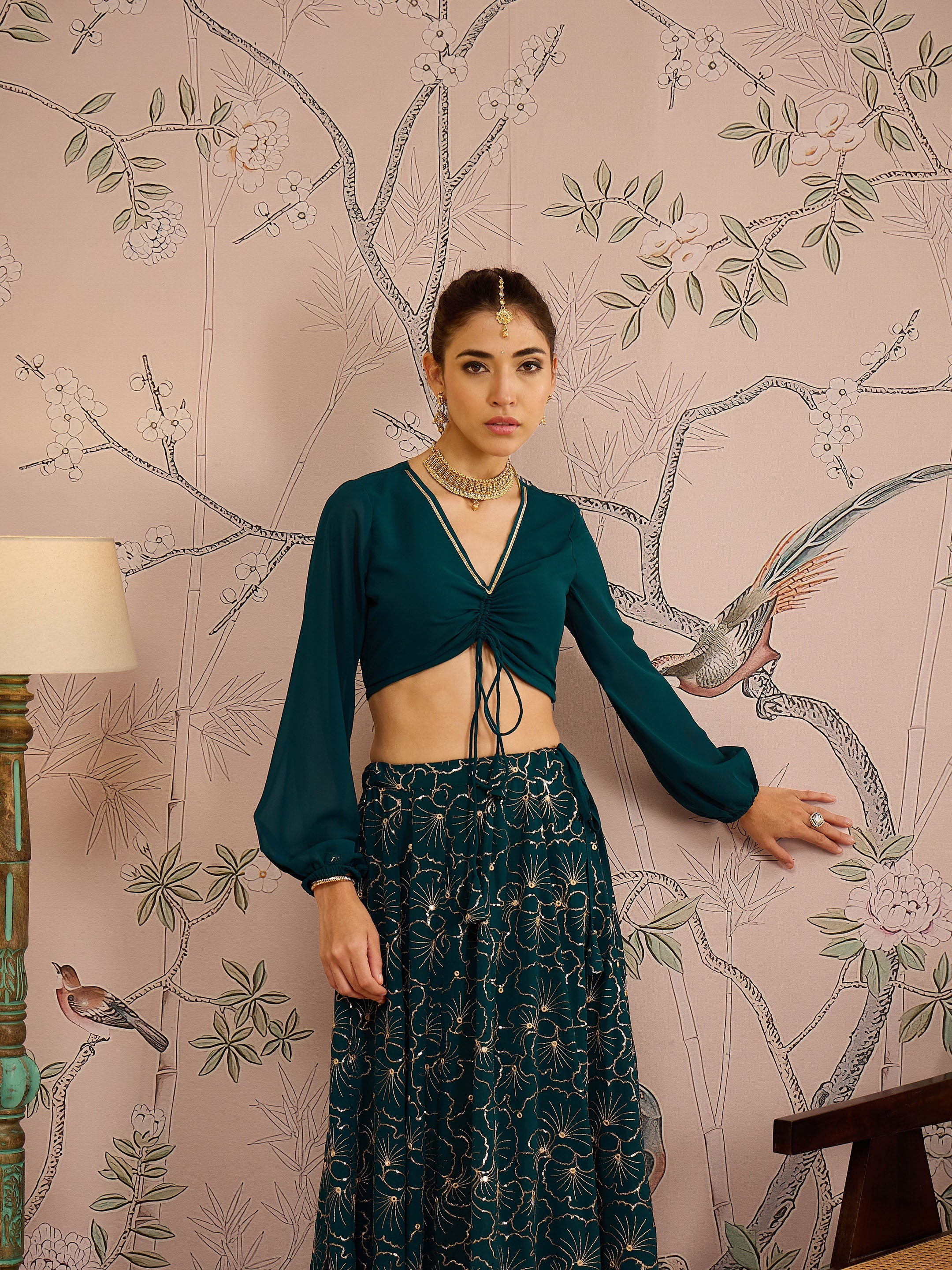 Women Teal Solid Crop Top With Sequins Anarkali Skirt