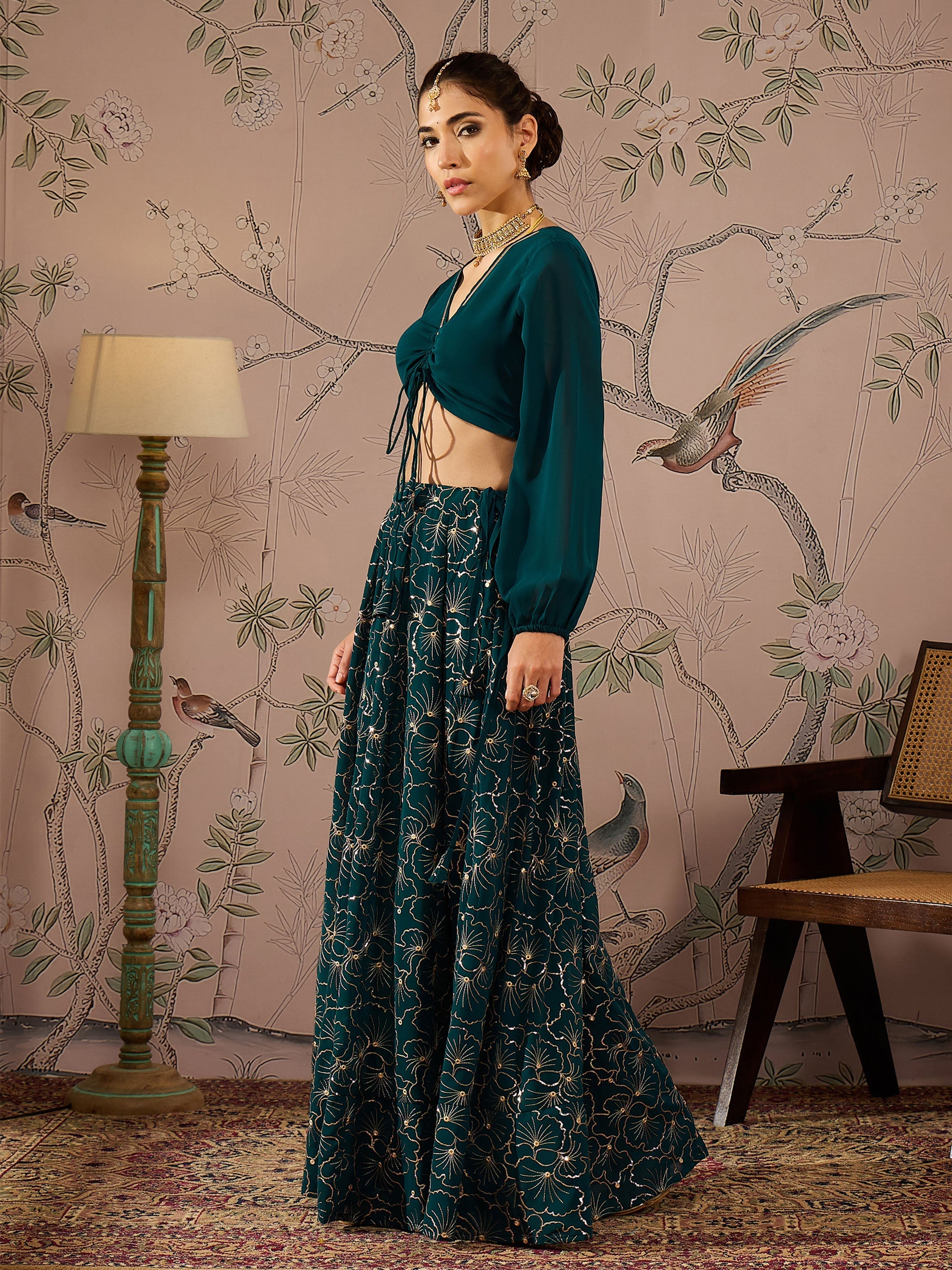 Women Teal Solid Crop Top With Sequins Anarkali Skirt