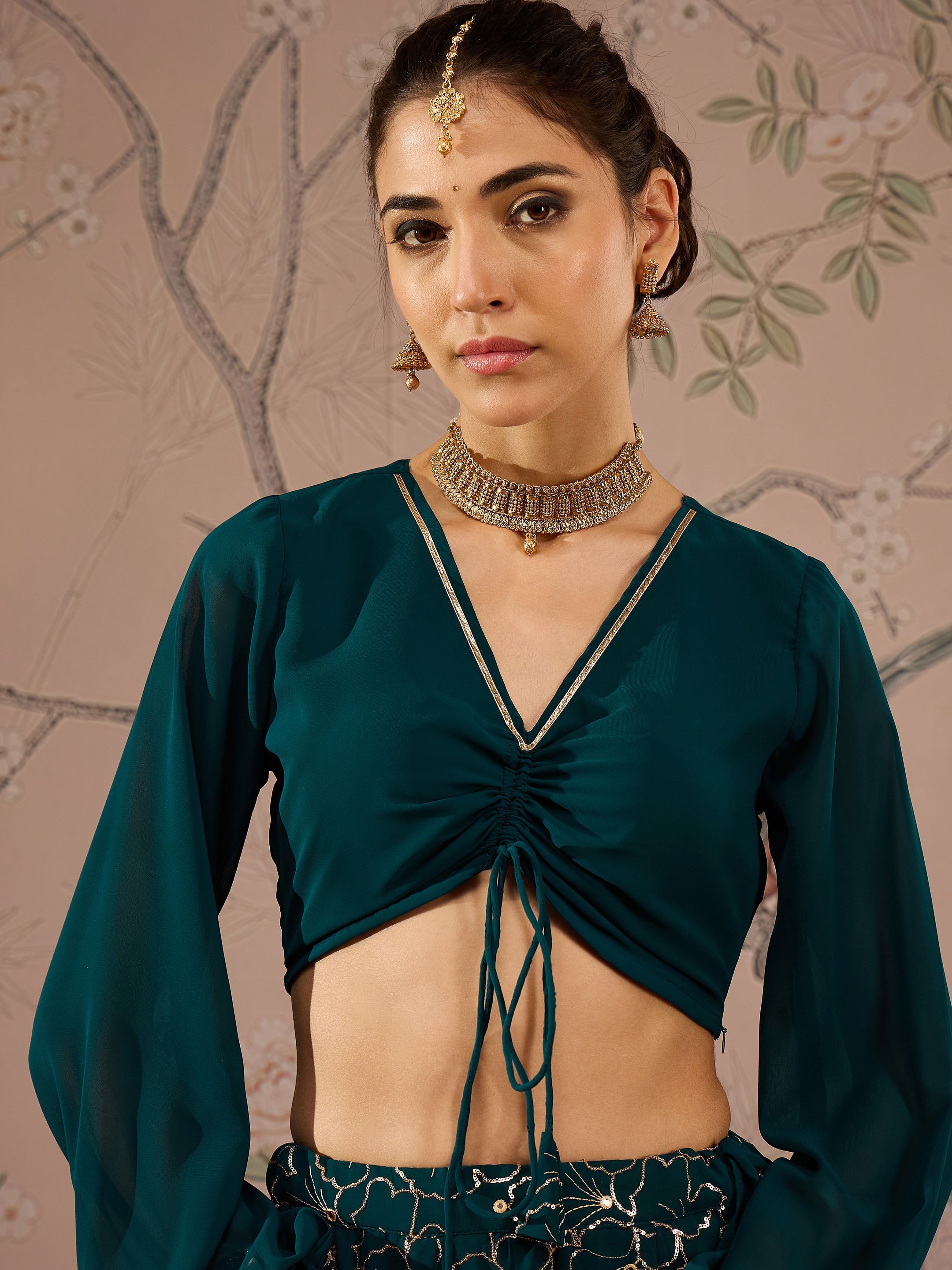 Women Teal Solid Crop Top With Sequins Anarkali Skirt