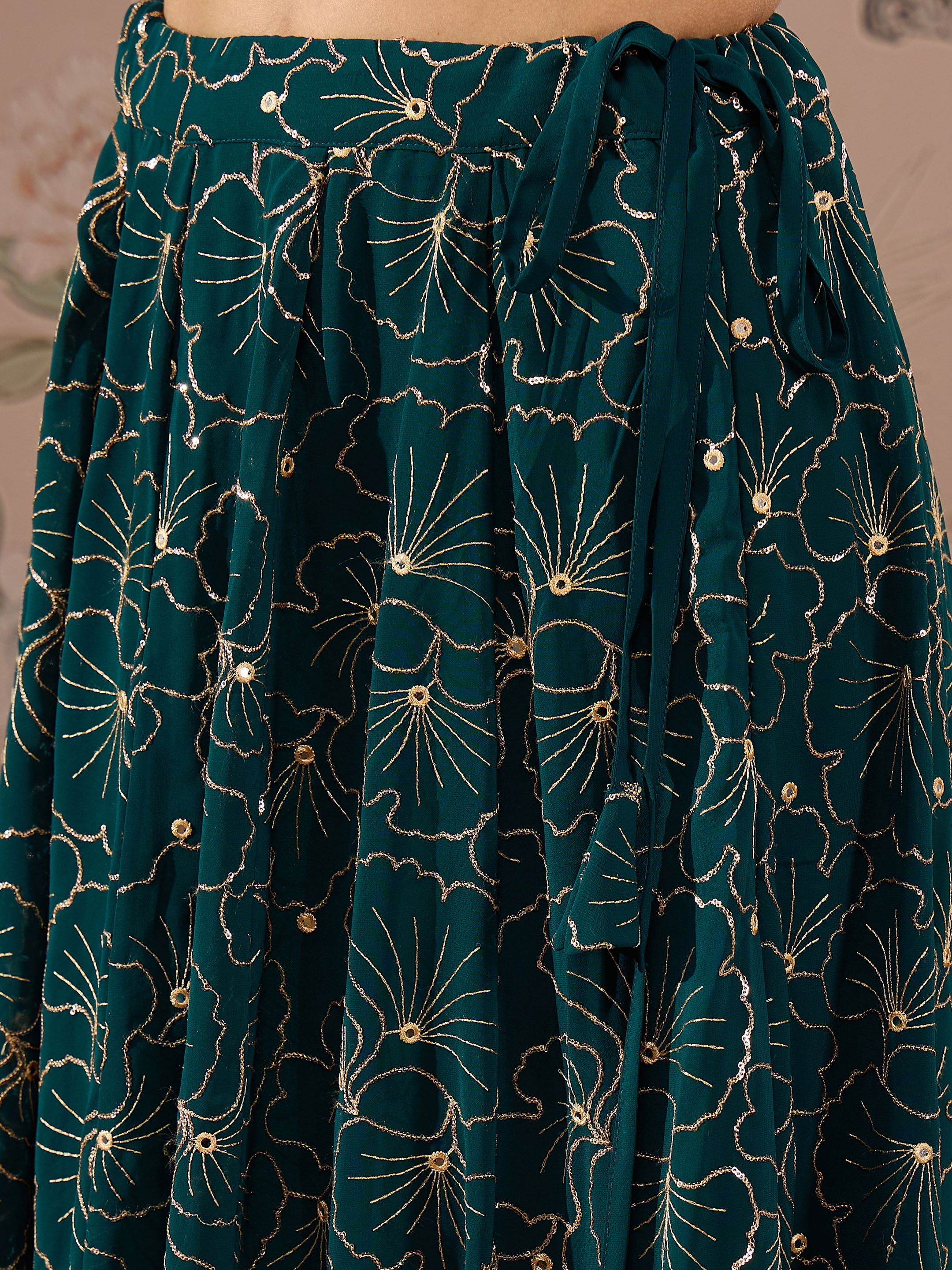 Women Teal Solid Crop Top With Sequins Anarkali Skirt