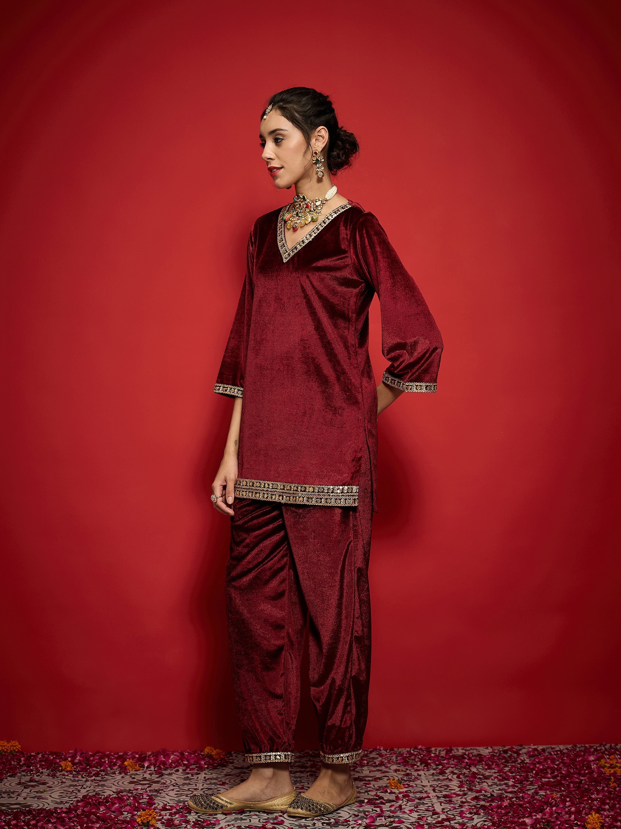 Women Maroon Velvet Emb V-Neck Short Kurta With Afghani Pants