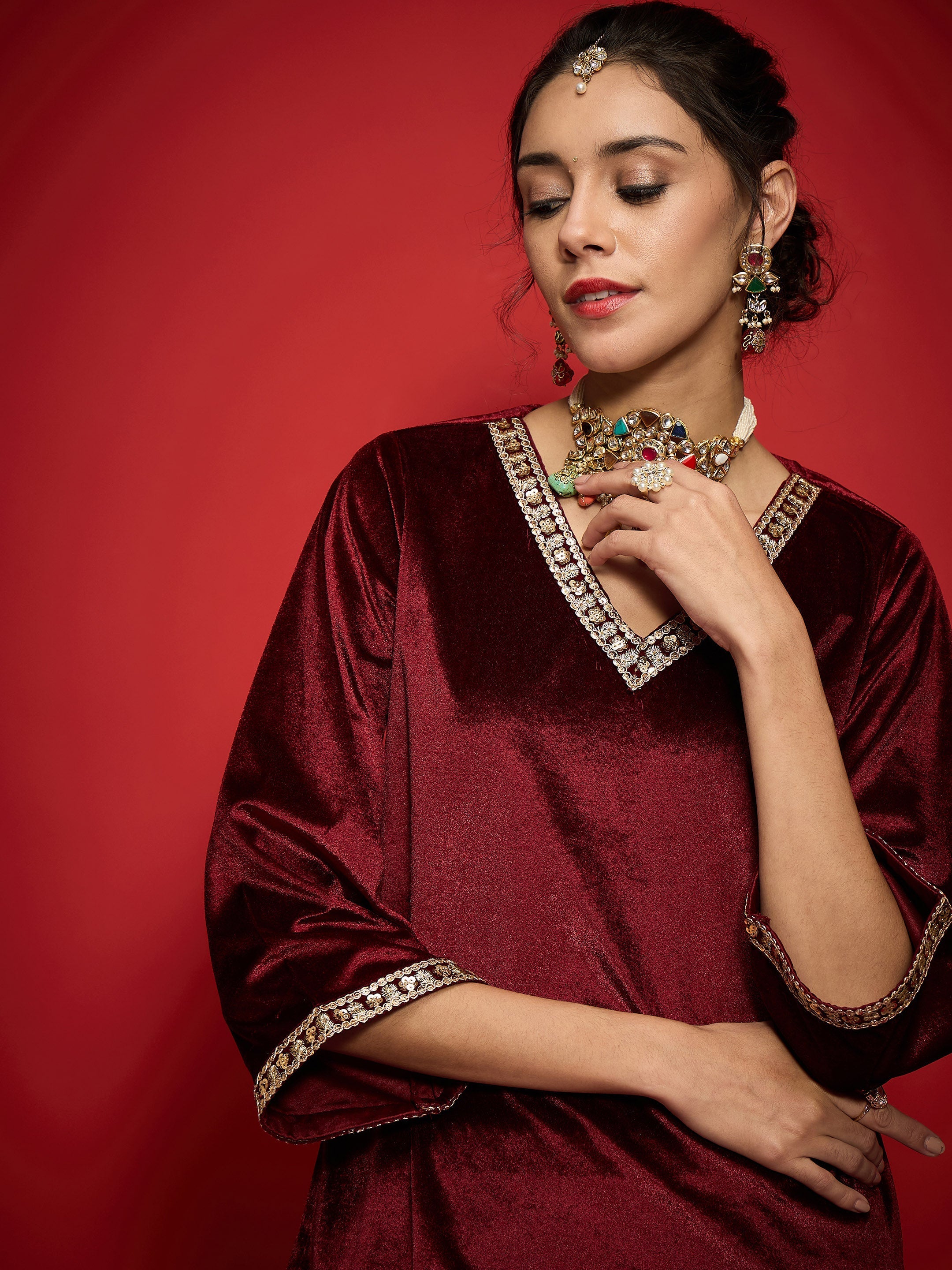 Women Maroon Velvet Emb V-Neck Short Kurta With Afghani Pants