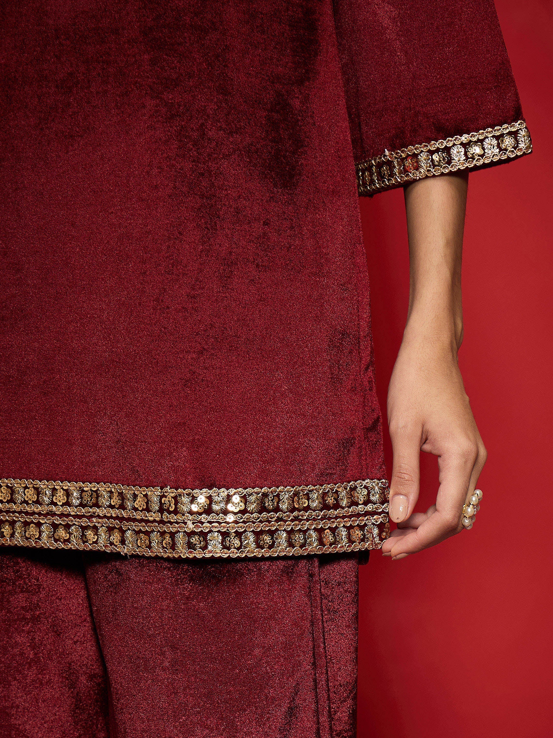 Women Maroon Velvet Emb V-Neck Short Kurta With Afghani Pants