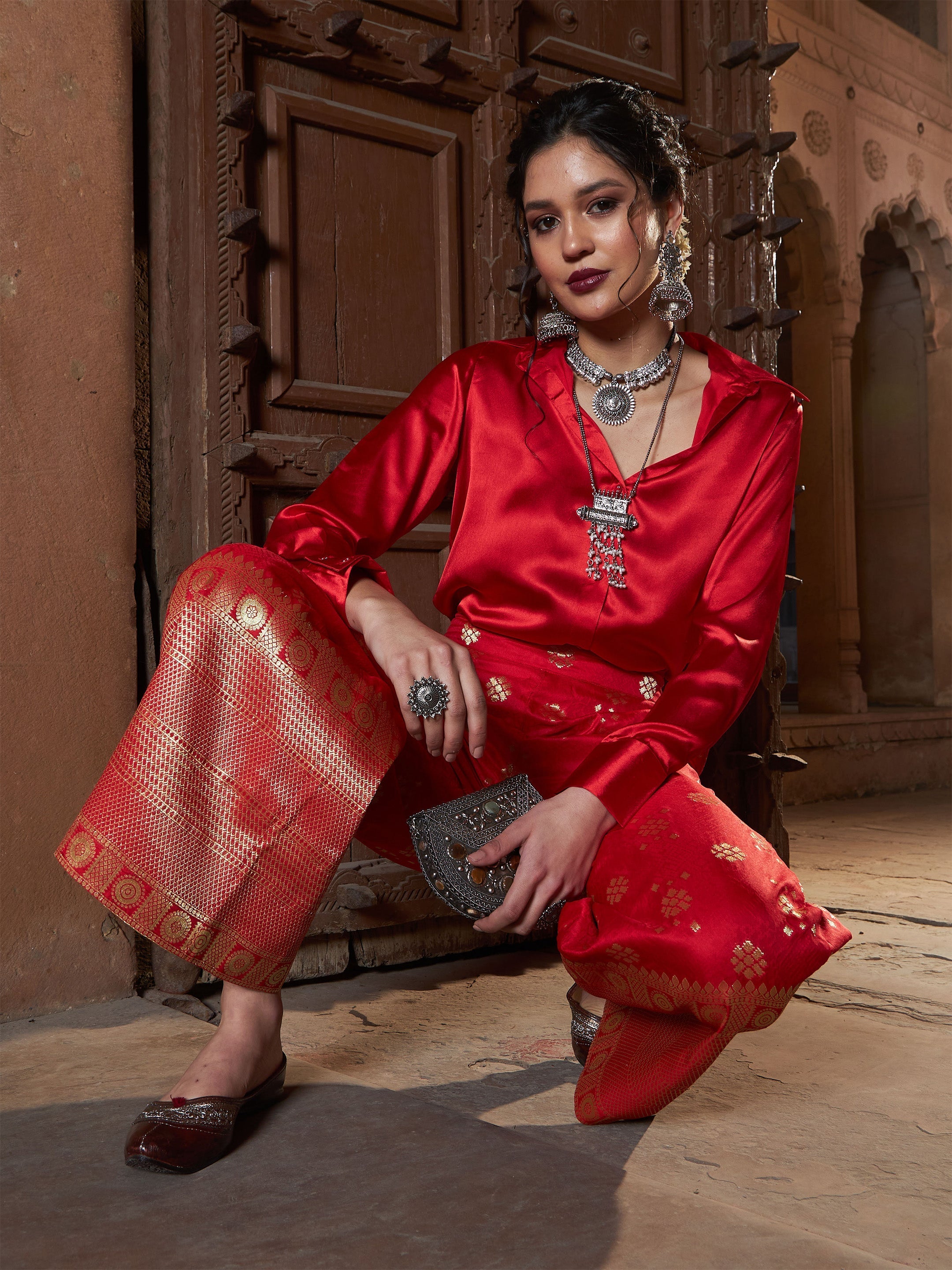 Women Red Satin Regular Shirt