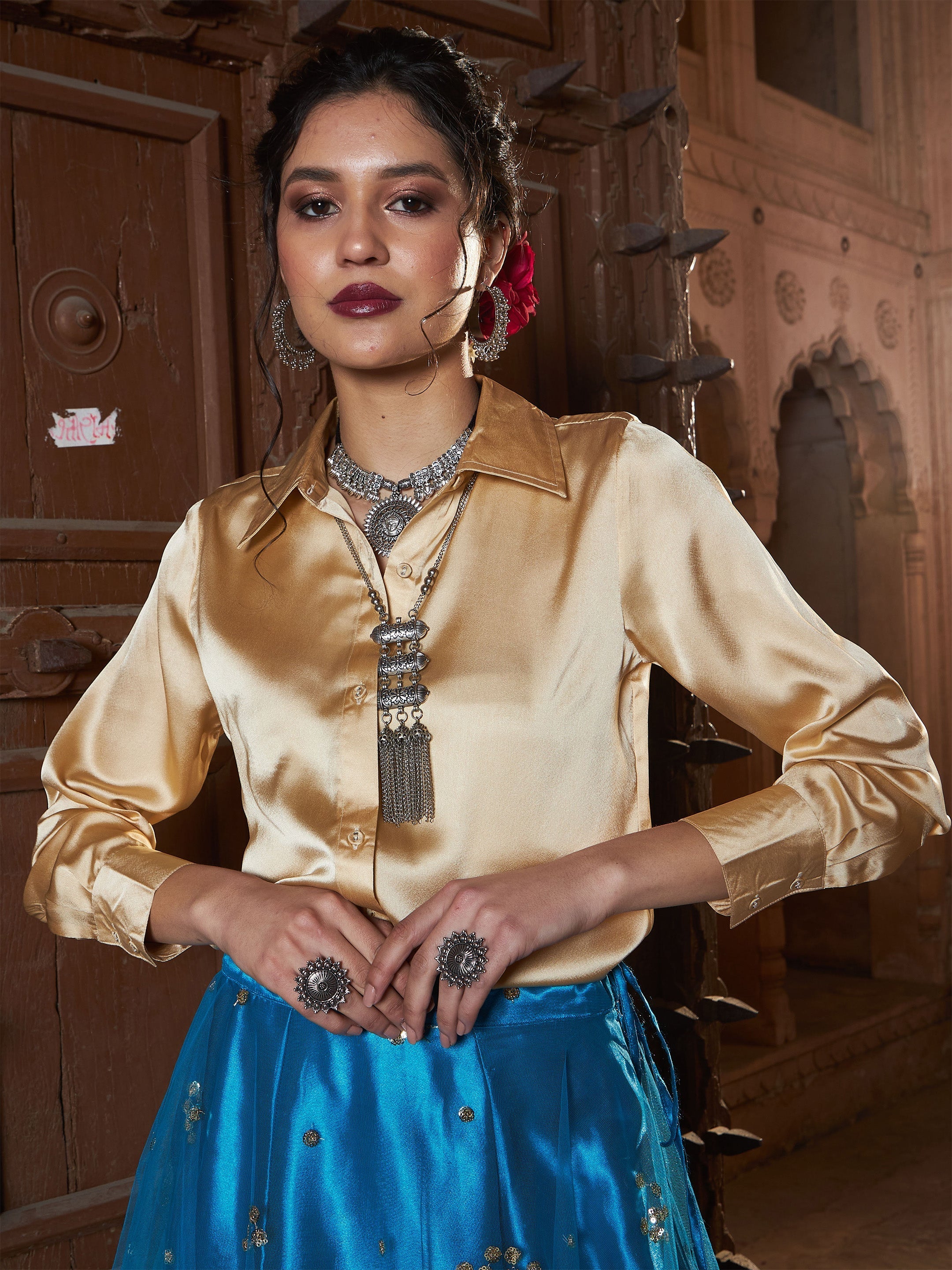 Women Gold Satin Regular Shirt