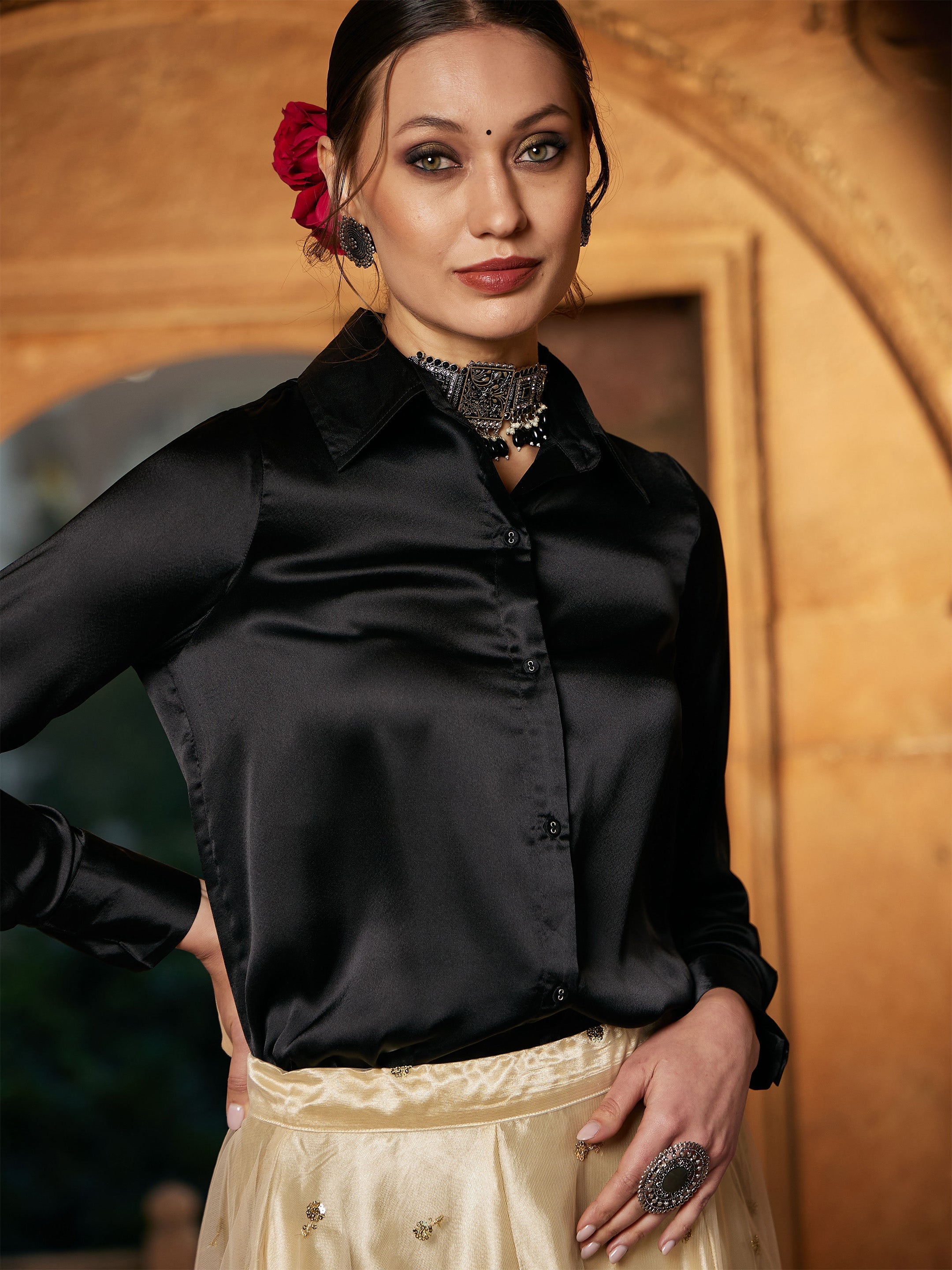 Women Black Satin Regular Shirt