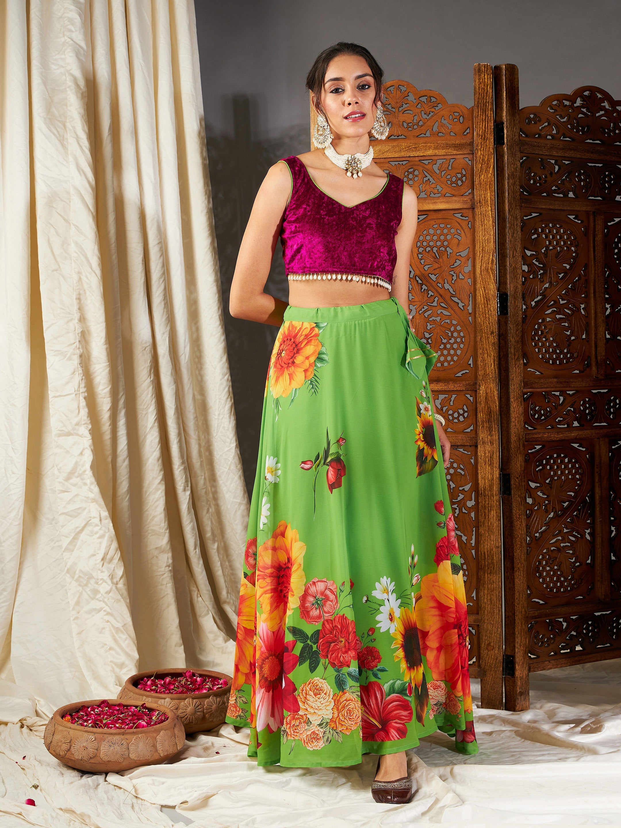 Women Green Floral Bias Flared Skirt