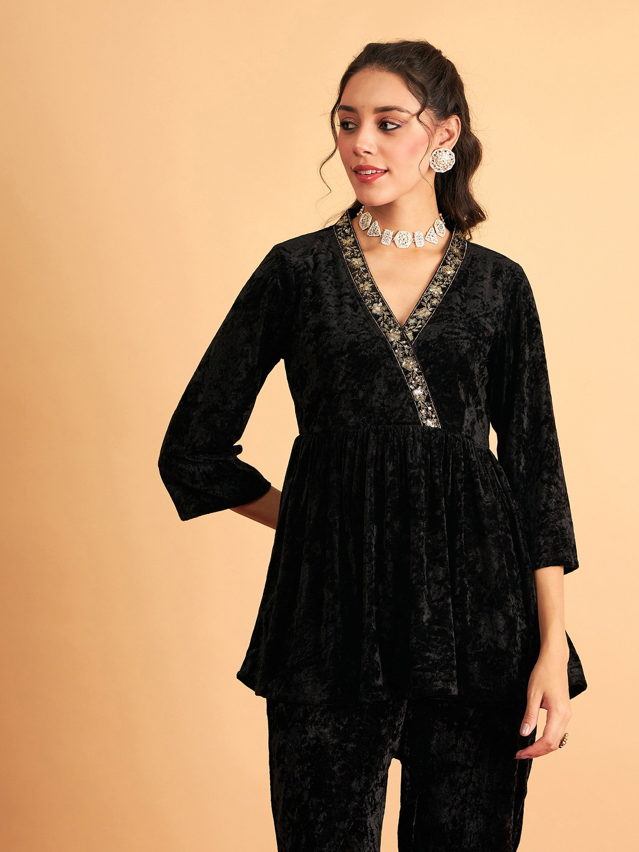 Women Black Velvet Embroidered Peplum Top