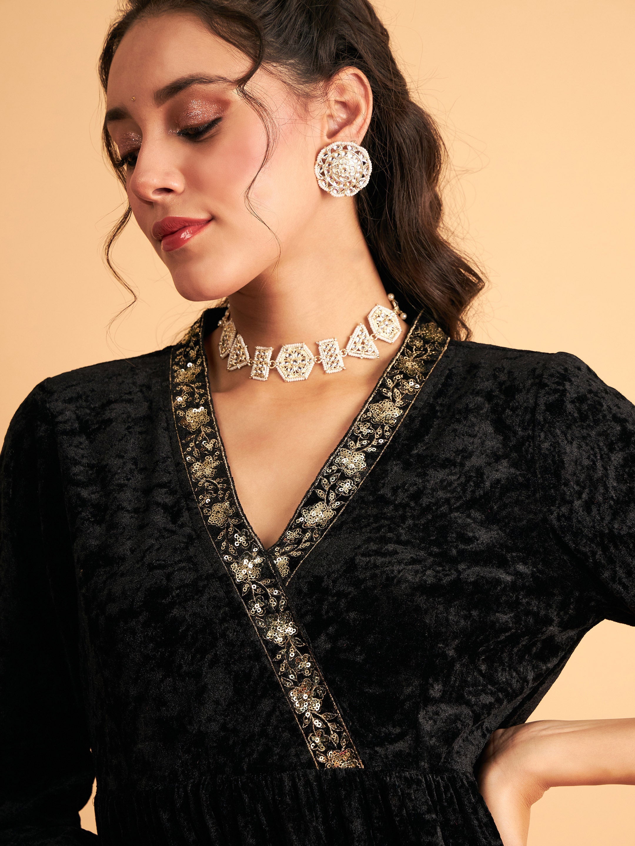 Women Black Velvet Embroidered Peplum Top