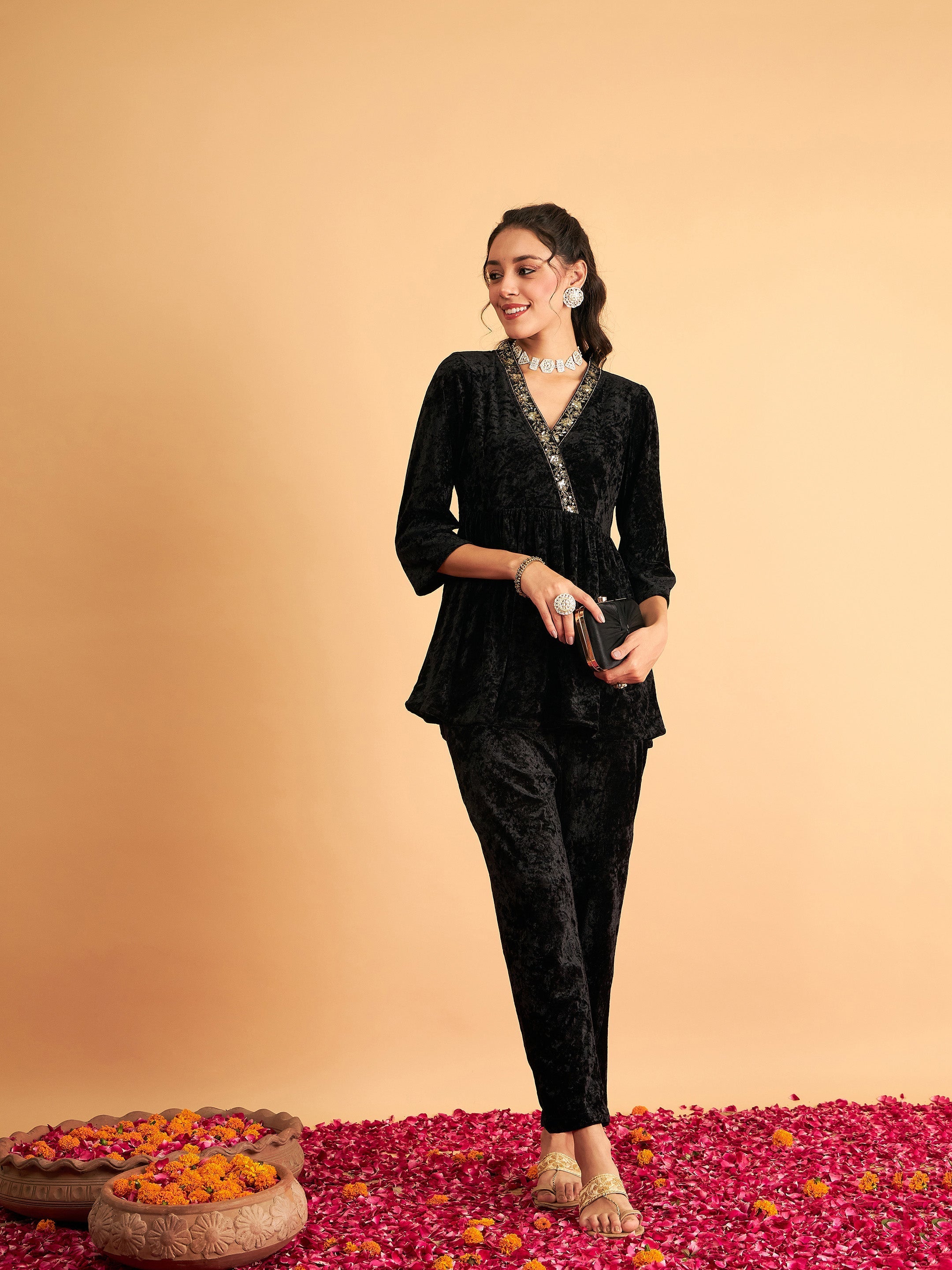 Women Black Velvet Embroidered Peplum Top