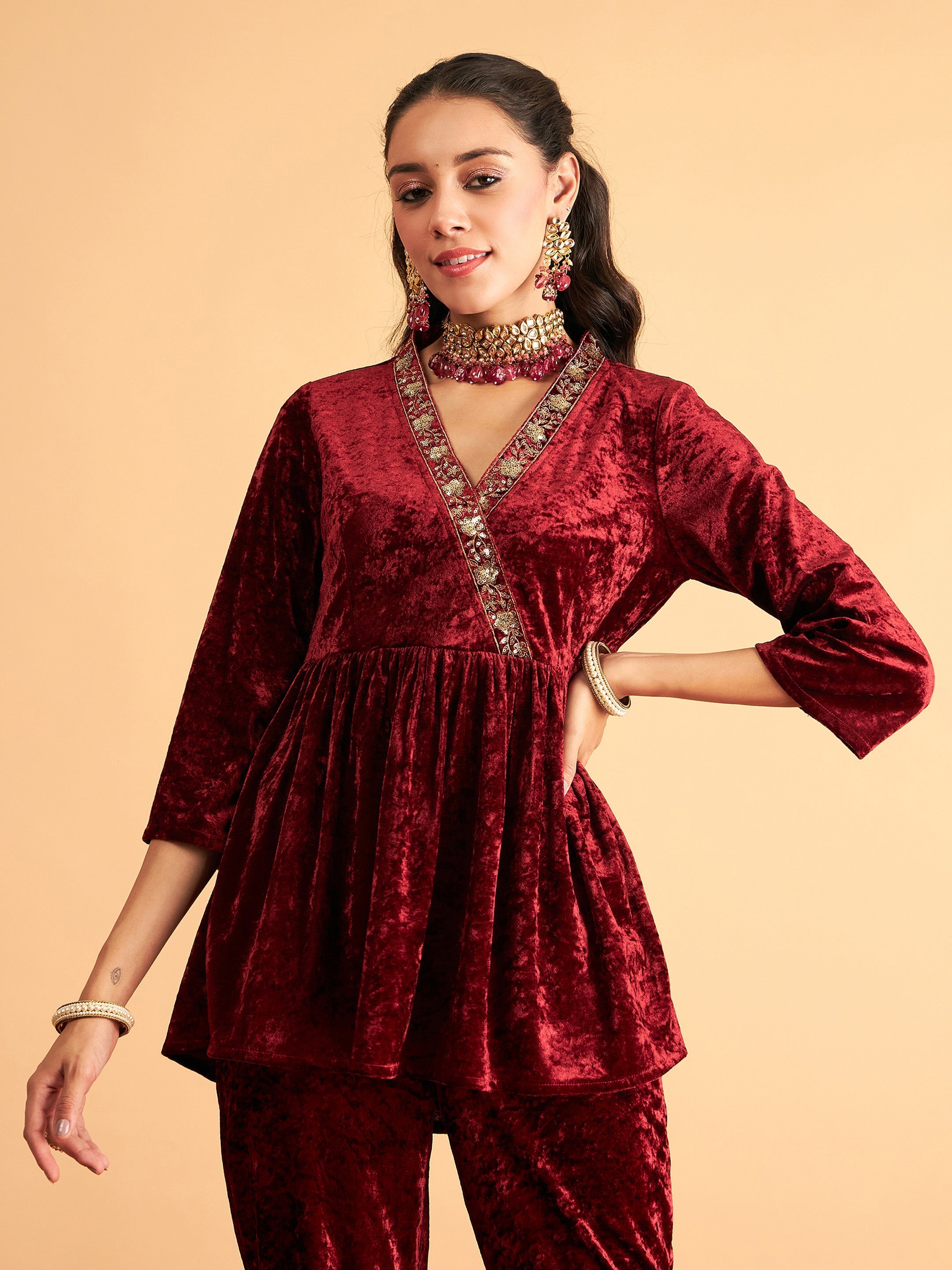 Women Maroon Velvet Embroidered Peplum Top