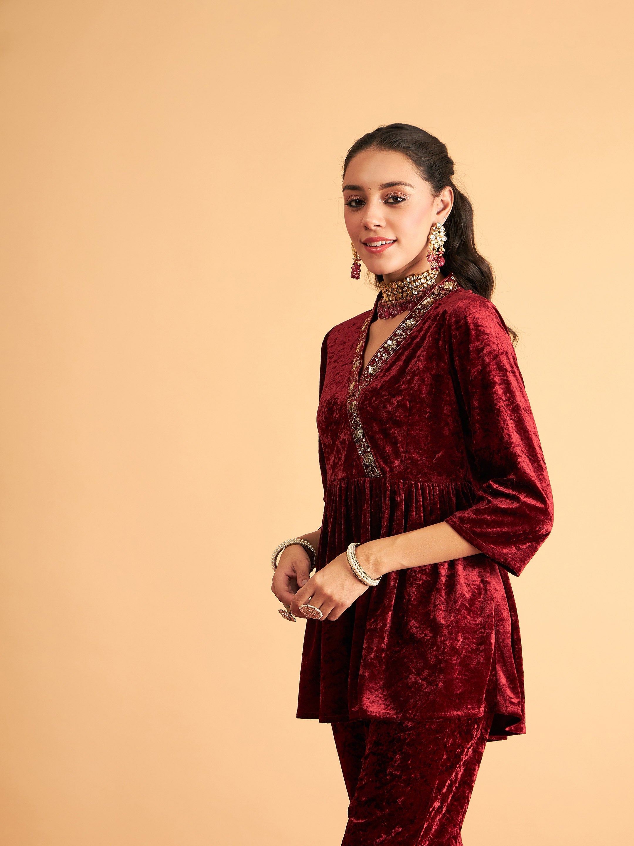 Women Maroon Velvet Embroidered Peplum Top